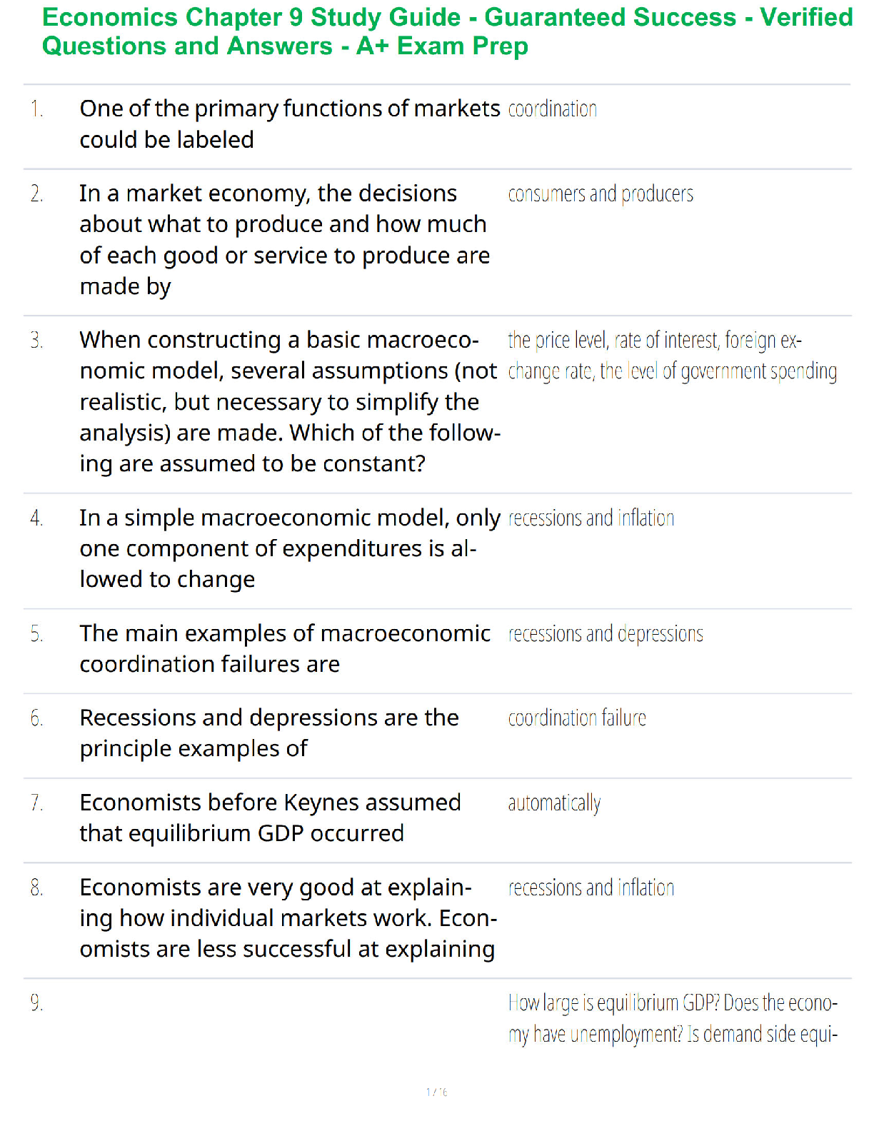 Economics Chapter 9 Study Guide - Guaranteed Success - Verified Questions and Answers - A+ Exam Prep