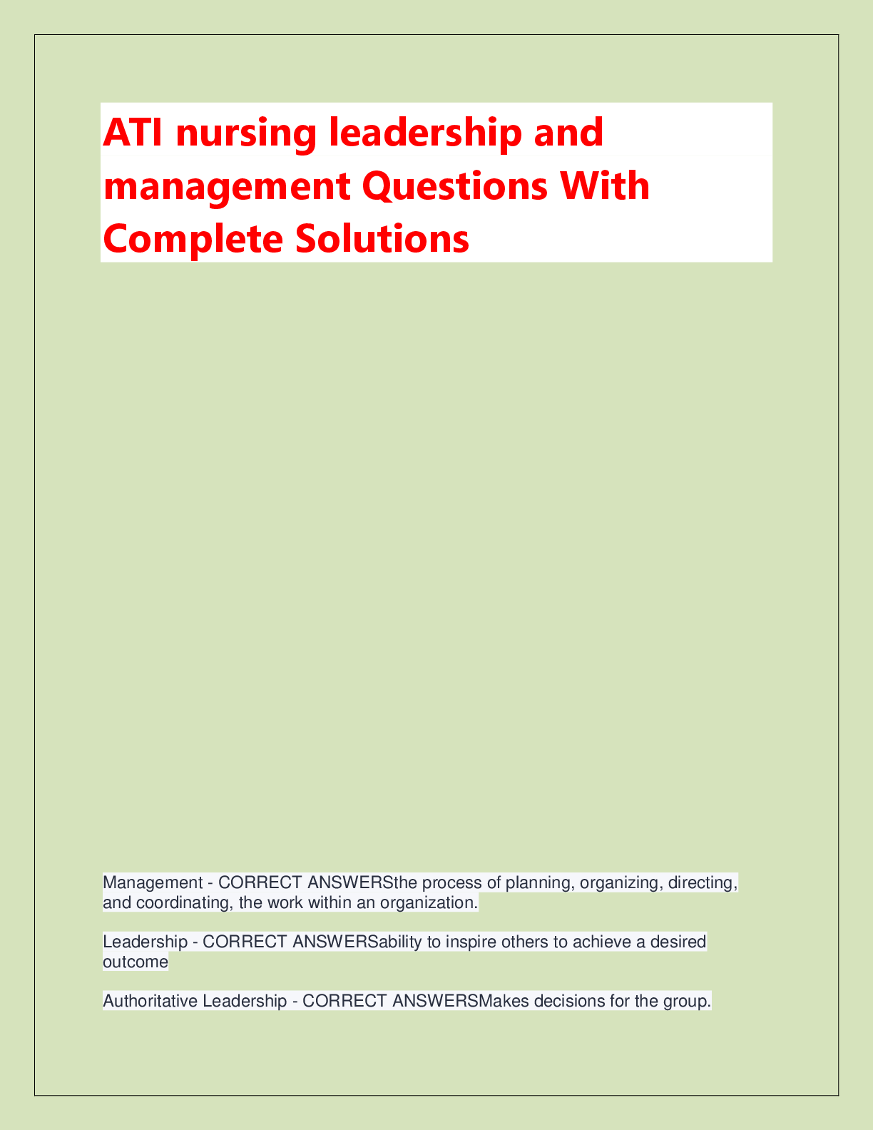 Preview of ATI nursing leadership and  management Questions With  Complete Solutions