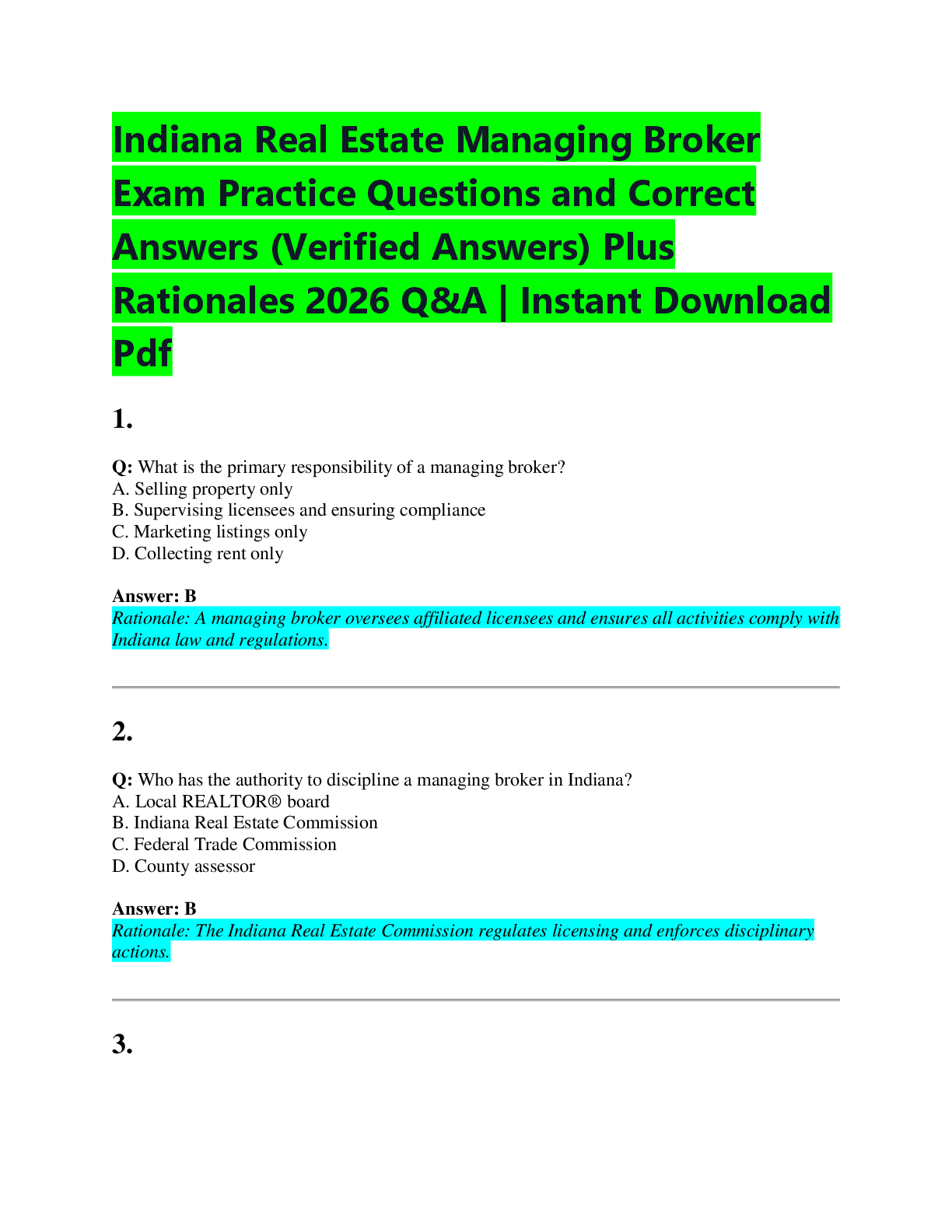 Recommended document preview for Indiana Real Estate Managing Broker  Exam Practice Questions and Correct  Answers (Verified Answers) Plus  Rationales 2026 Q&A | Instant Download  Pdf