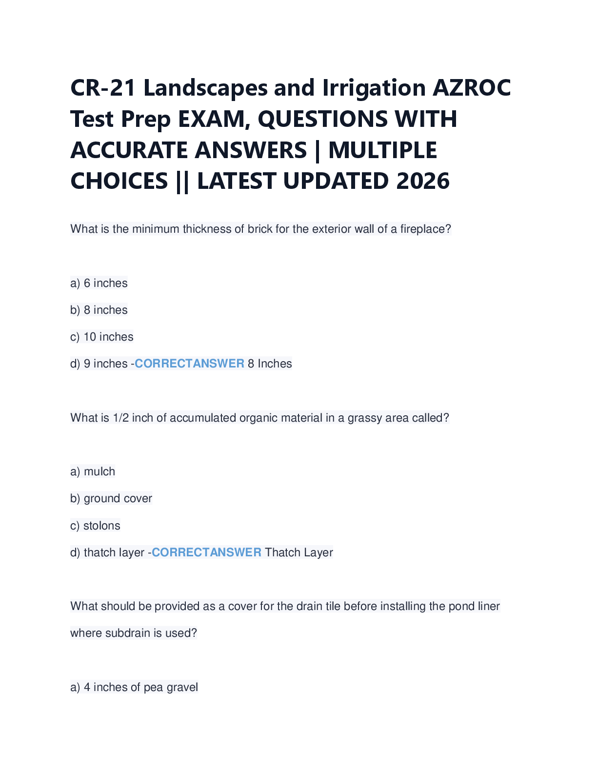 Preview of CR-21 Landscapes and Irrigation AZROC  Test Prep EXAM, QUESTIONS WITH  ACCURATE ANSWERS | MULTIPLE  CHOICES || LATEST UPDATED 2026