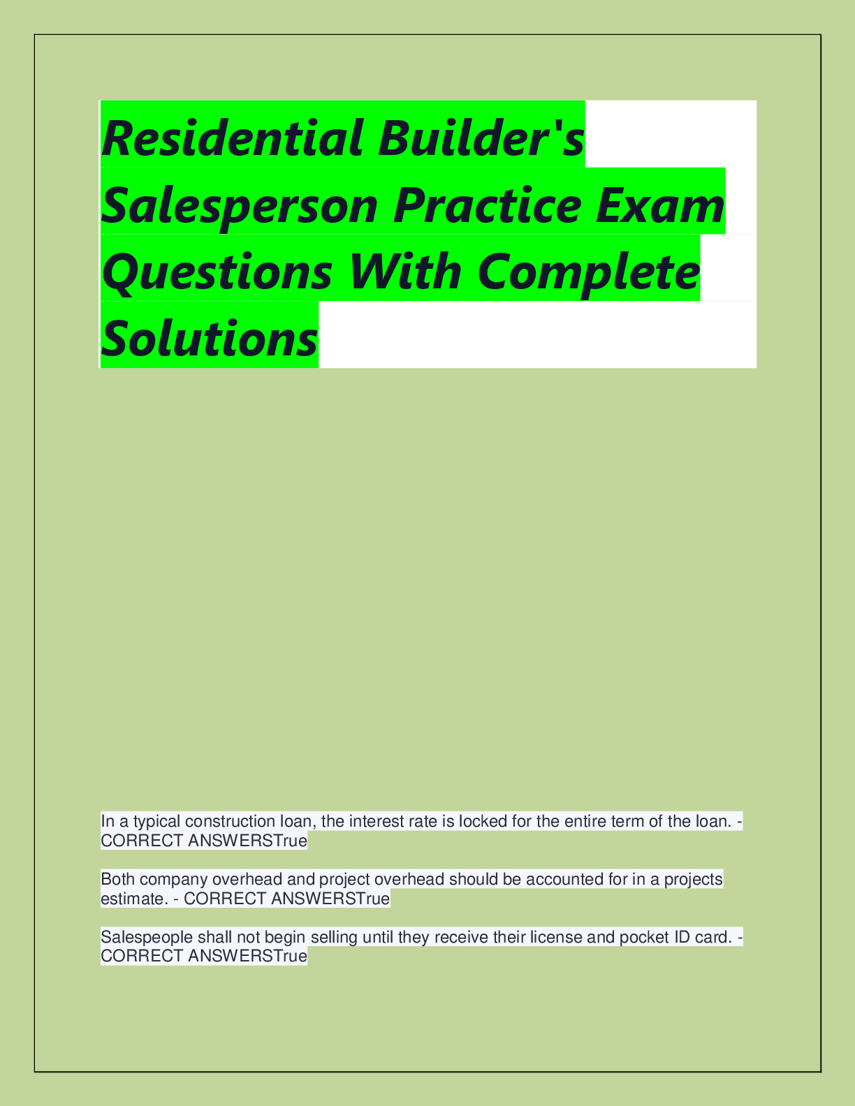 Recommended document preview for Residential Builder's  Salesperson Practice Exam  Questions With Complete  Solutions