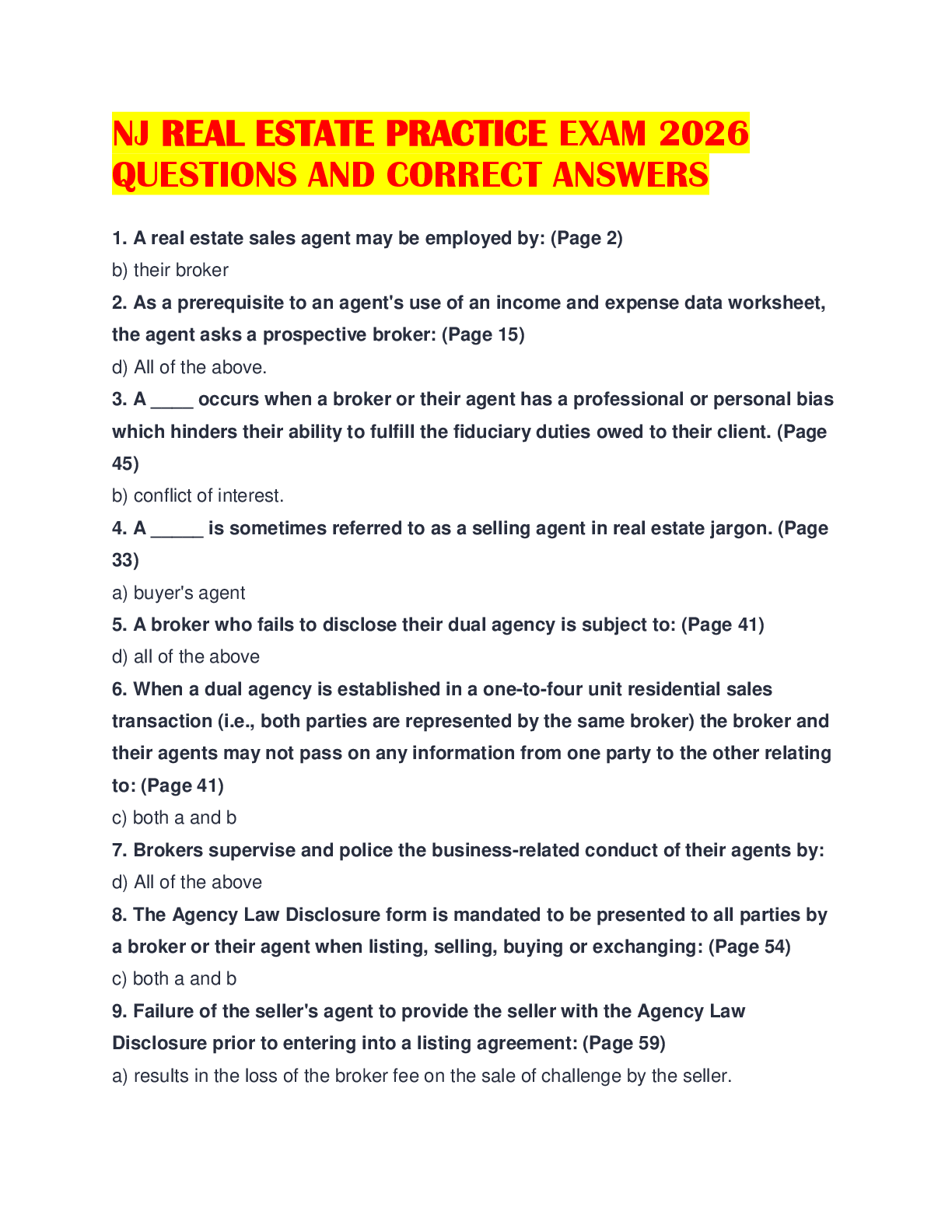 Preview of NJ REAL ESTATE PRACTICE EXAM 2026 QUESTIONS AND CORRECT ANSWERS