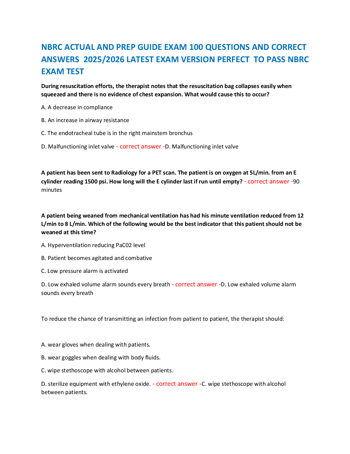 Recommended document preview for NBRC ACTUAL AND PREP GUIDE EXAM 100 QUESTIONS AND CORRECT  ANSWERS  2025/2026 LATEST EXAM VERSION PERFECT  TO PASS NBRC  EXAM TEST