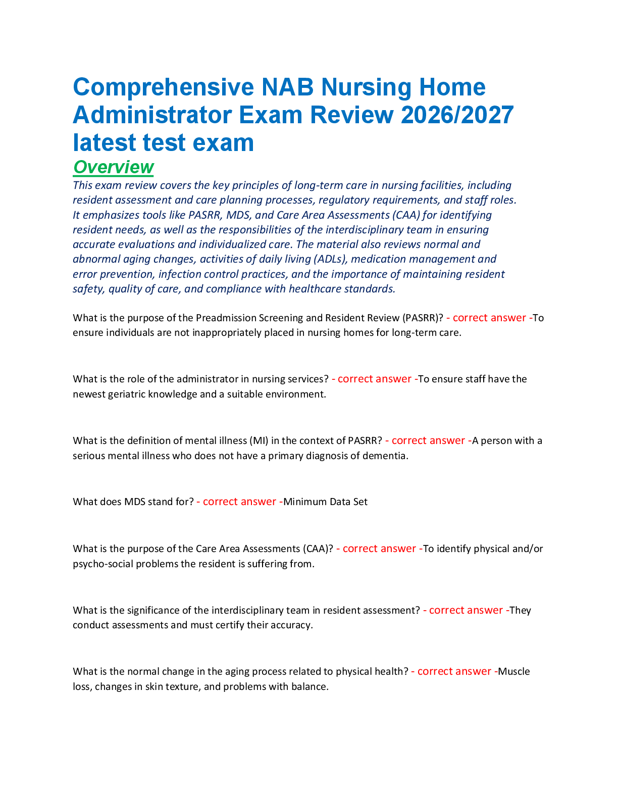 Preview of Comprehensive NAB Nursing Home  Administrator Exam Review 2026/2027  latest test exam