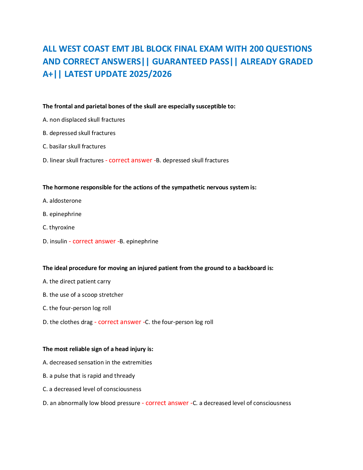 ALL WEST COAST EMT JBL BLOCK FINAL EXAM WITH 200 QUESTIONS  AND CORRECT ANSWERS|| GUARANTEED PASS|| ALREADY GRADED  A+|| LATEST UPDATE 2025/2026
