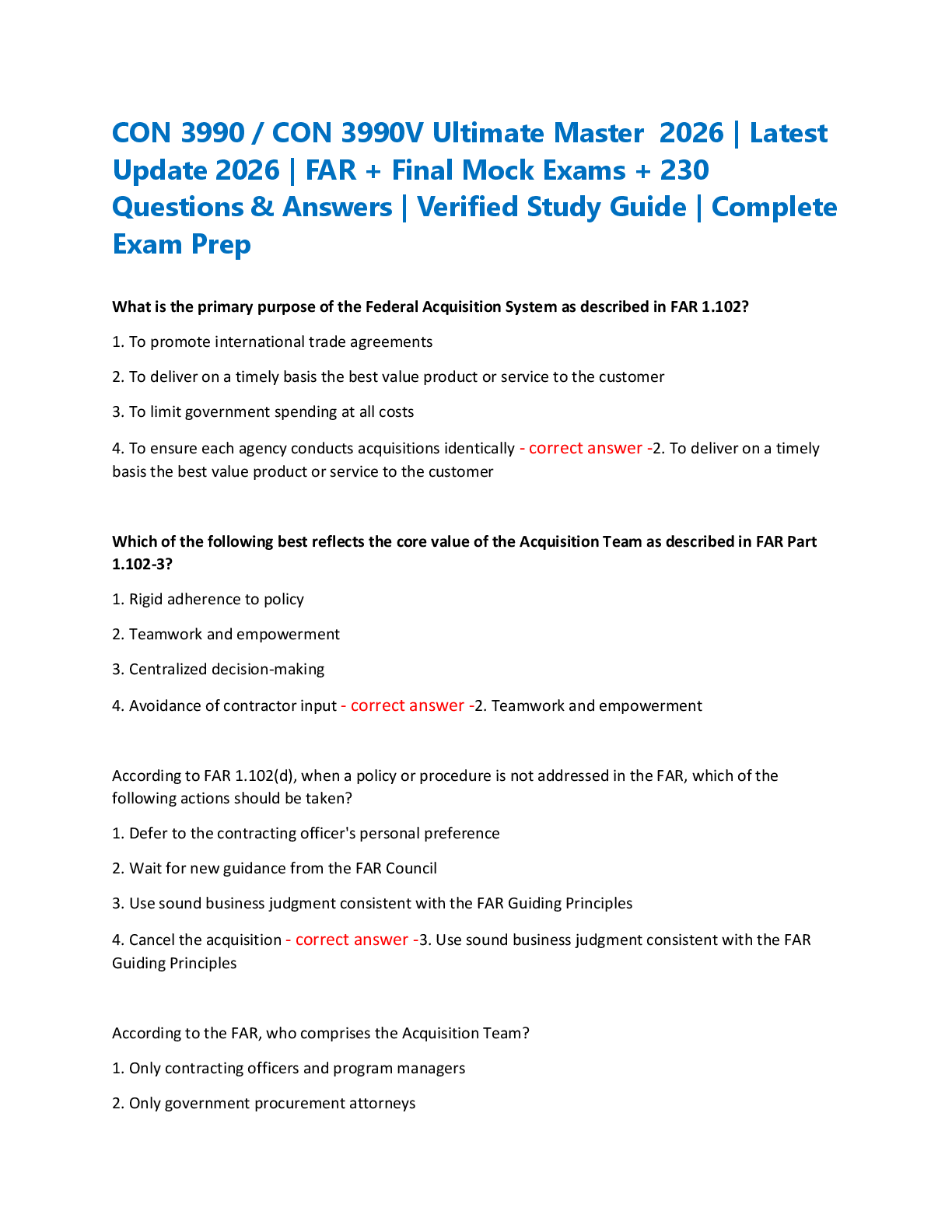 Recommended document preview for CON 3990 / CON 3990V Ultimate Master  2026 | Latest  Update 2026 | FAR + Final Mock Exams + 230  Questions & Answers | Verified Study Guide | Complete  Exam Prep