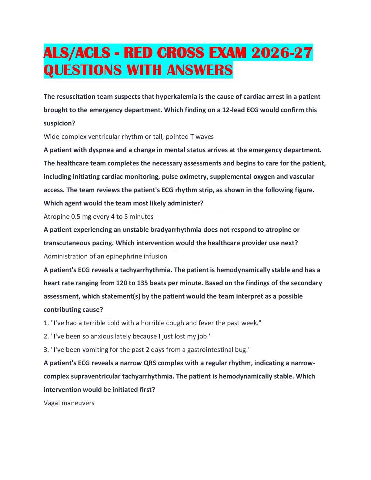Preview of ALS/ACLS - RED CROSS EXAM 2026-27 QUESTIONS WITH ANSWERS