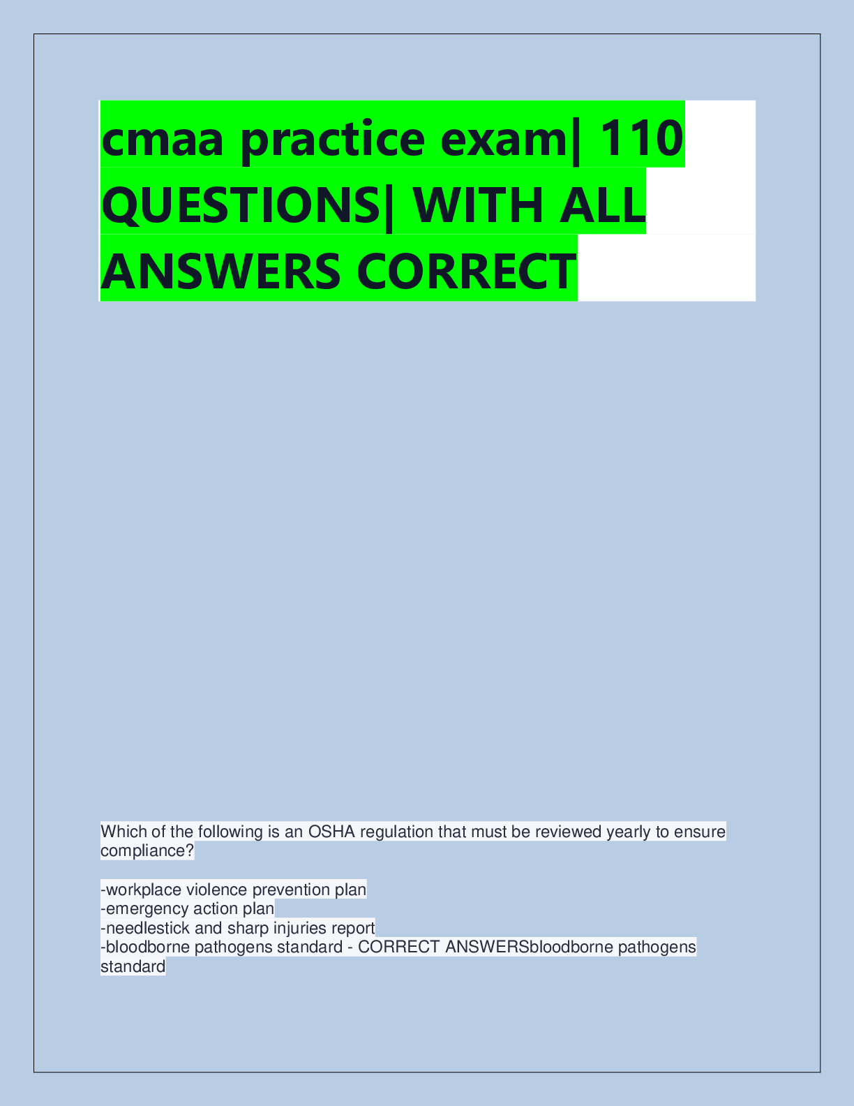 Preview of cmaa practice exam| 110  QUESTIONS| WITH ALL  ANSWERS CORRECT