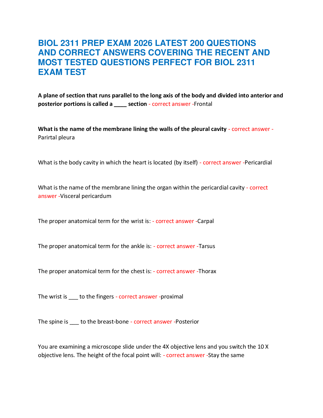Recommended document preview for BIOL 2311 PREP EXAM 2026 LATEST 200 QUESTIONS  AND CORRECT ANSWERS COVERING THE RECENT AND  MOST TESTED QUESTIONS PERFECT FOR BIOL 2311  EXAM TEST