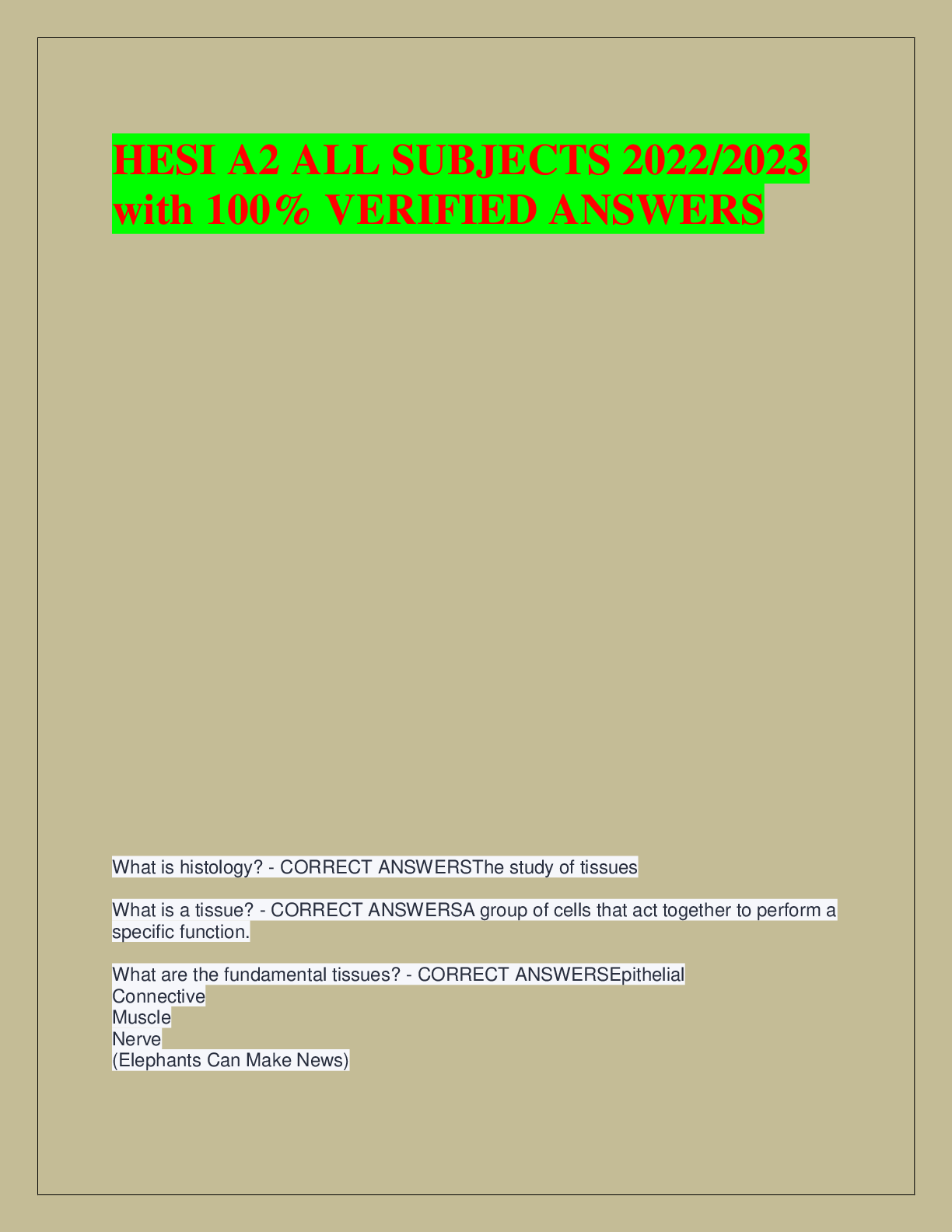 Recommended document preview for HESI A2 ALL SUBJECTS 2022/2023  with 100% VERIFIED ANSWERS