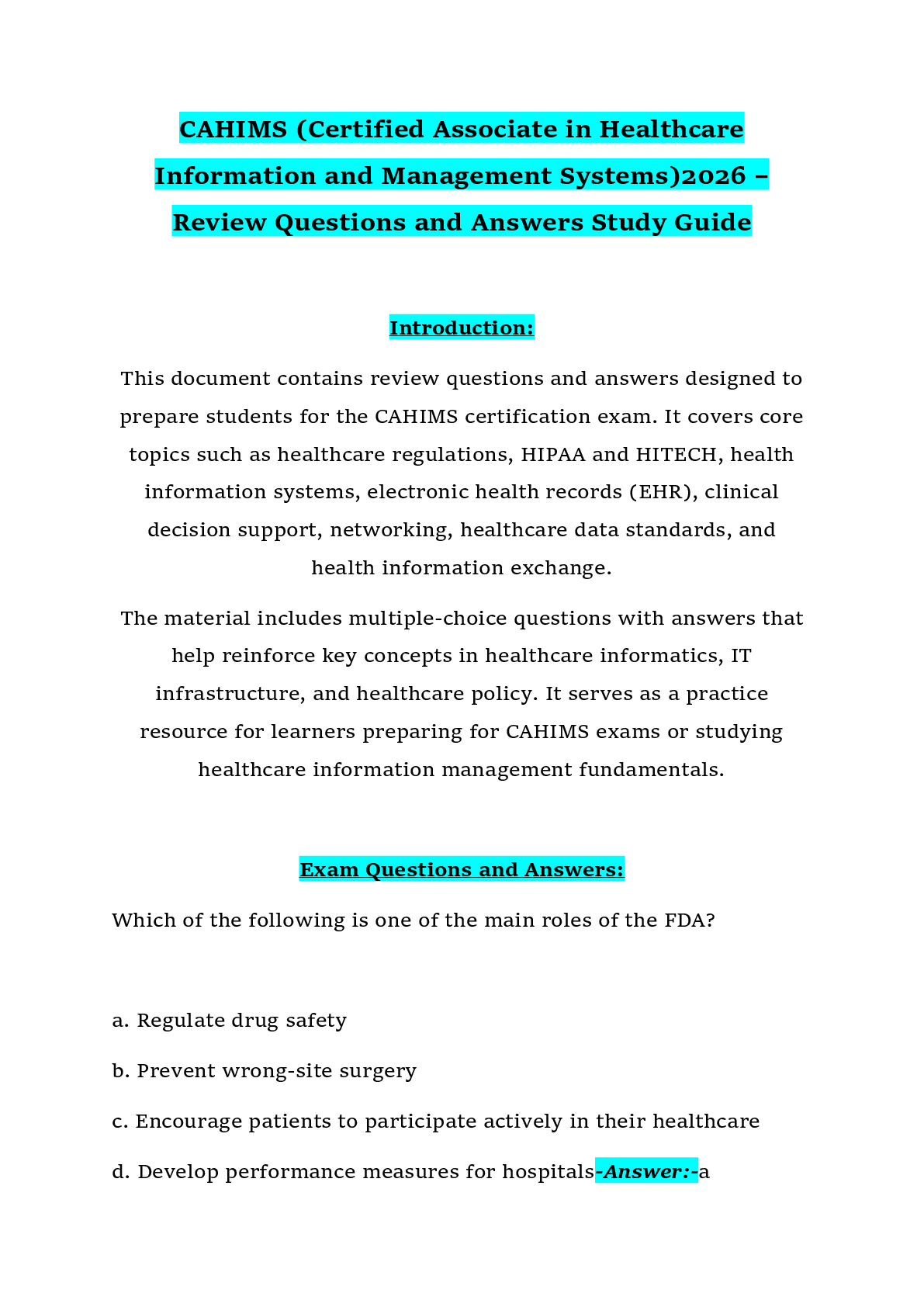 Preview of CAHIMS (Certified Associate in Healthcare Information and Management Systems)2026 –Review Questions and Answers Study Guide