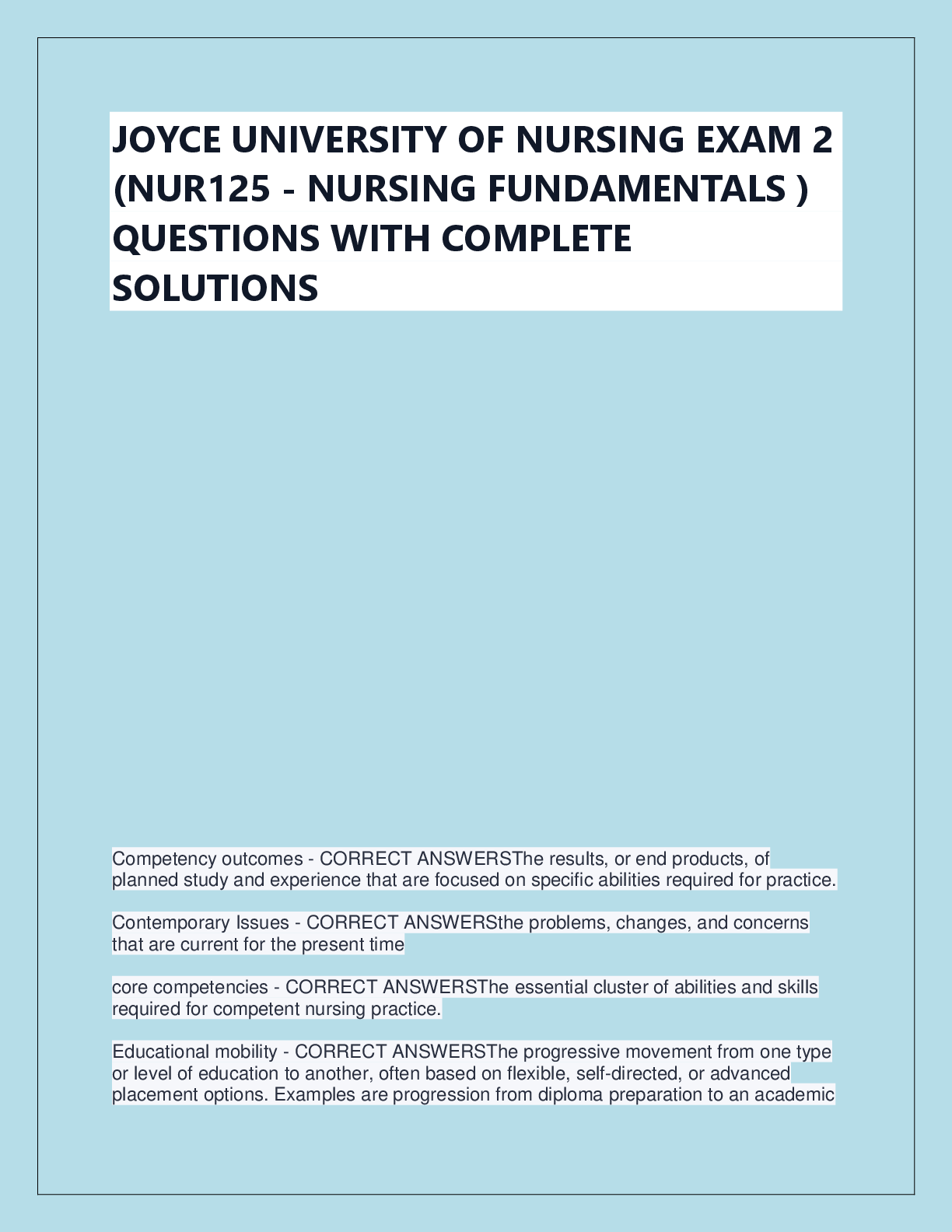 Preview of JOYCE UNIVERSITY OF NURSING EXAM 2  (NUR125 - NURSING FUNDAMENTALS )  QUESTIONS WITH COMPL