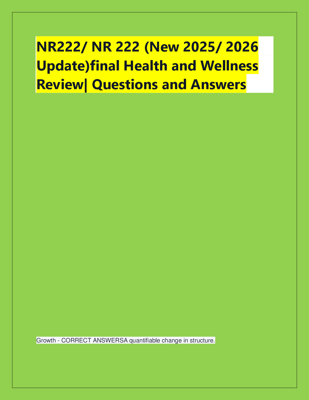 Recommended document preview for NR222/ NR 222 (New 2025/ 2026  Update)final Health and Wellness  Review| Questions and Answers