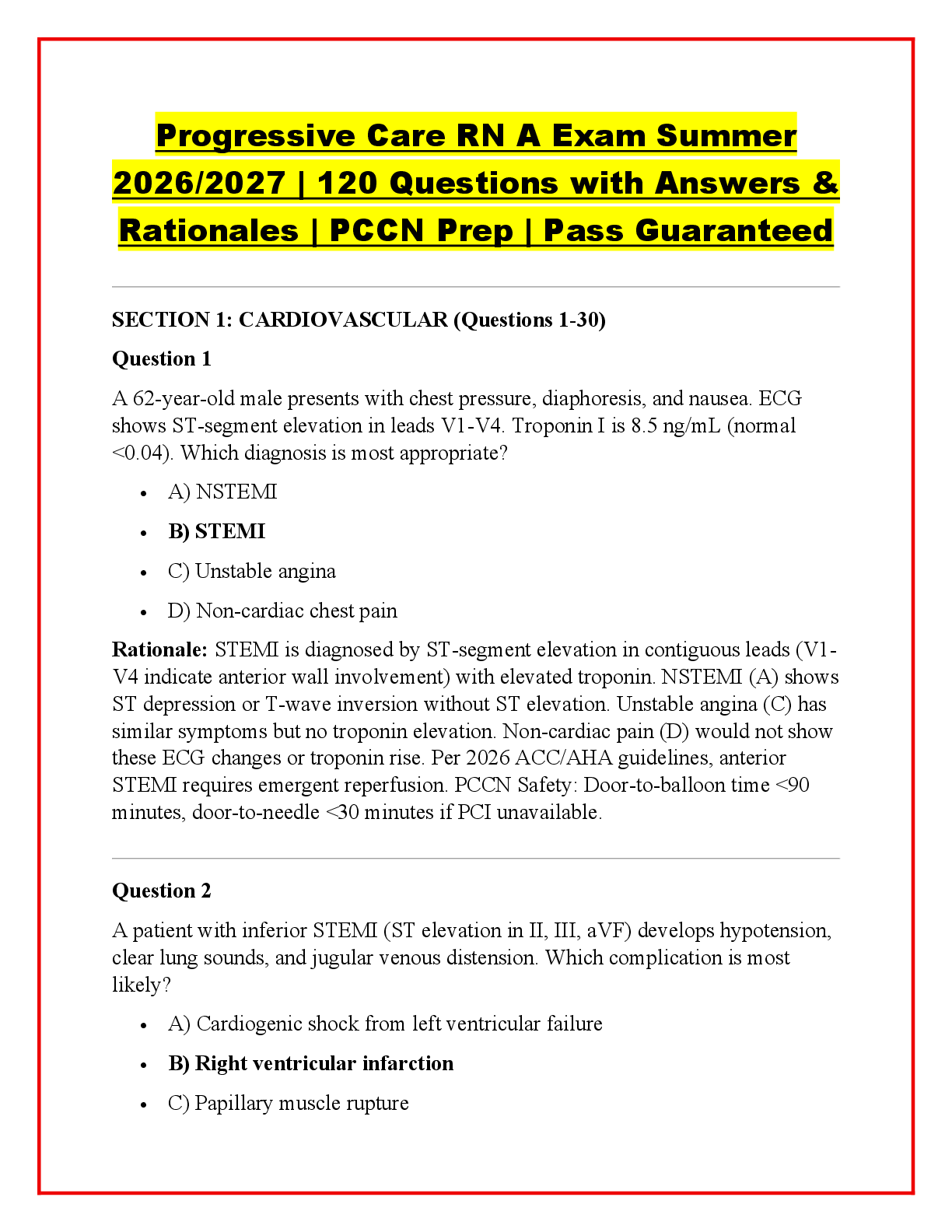 Preview image for Progressive Care RN A Exam Summer  2026/2027 | 120 Questions with Answers &  Rationales | PCCN Prep | Pass Guaranteed