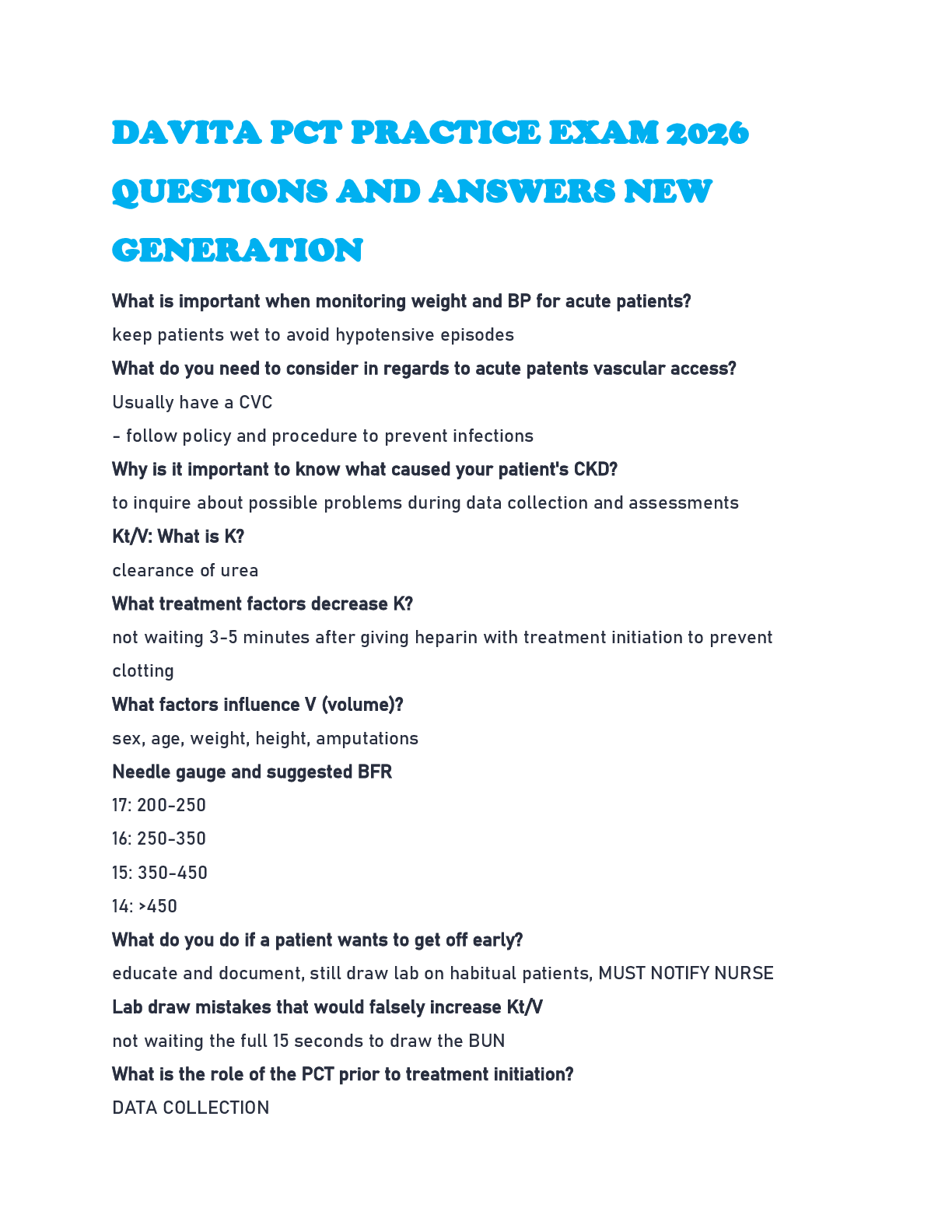 Preview of DAVITA PCT PRACTICE EXAM 2026 QUESTIONS AND ANSWERS NEW GENERATION