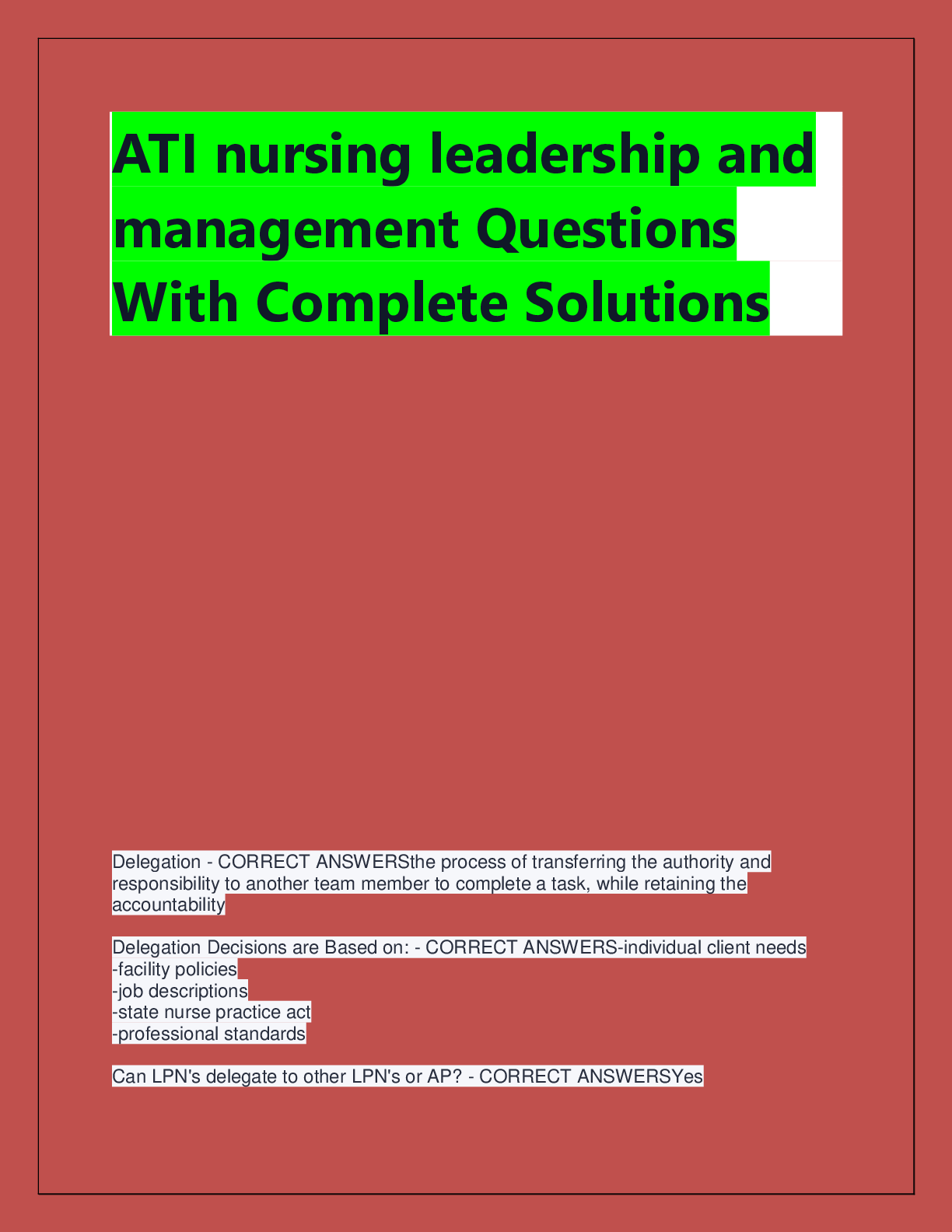 Recommended document preview for ATI nursing leadership and  management Questions  With Complete Solutions