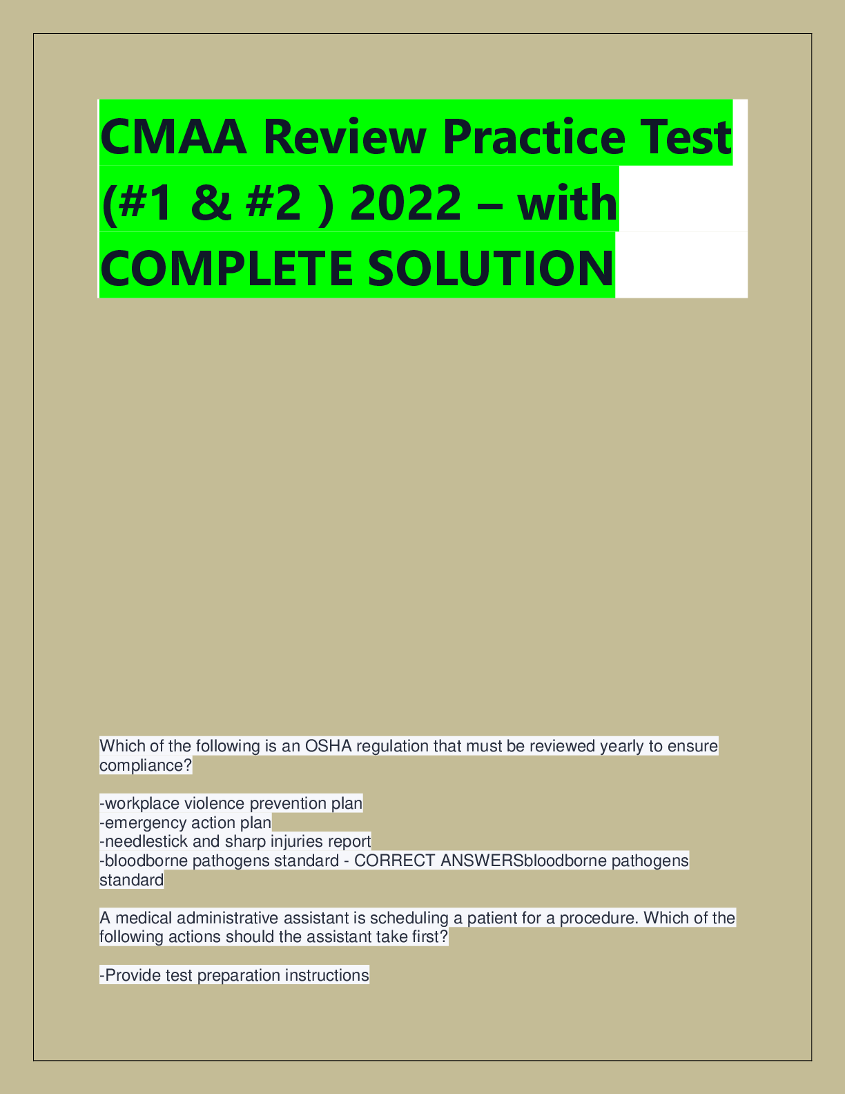 Preview of CMAA Review Practice Test  (#1 &amp; #2 ) 2022 – with  COMPLETE SOLUTION