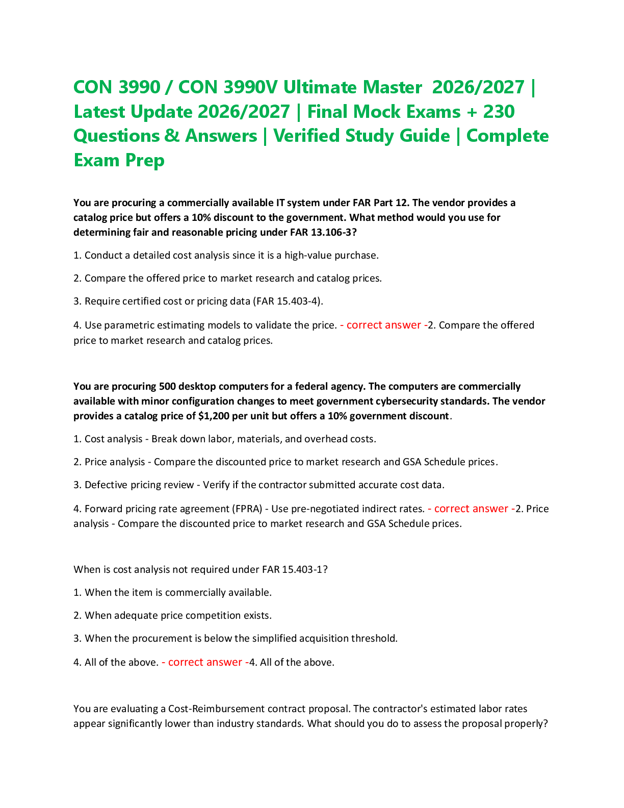 Recommended document preview for CON 3990 / CON 3990V Ultimate Master  2026/2027 |  Latest Update 2026/2027 | Final Mock Exams + 230  Questions & Answers | Verified Study Guide | Complete  Exam Prep