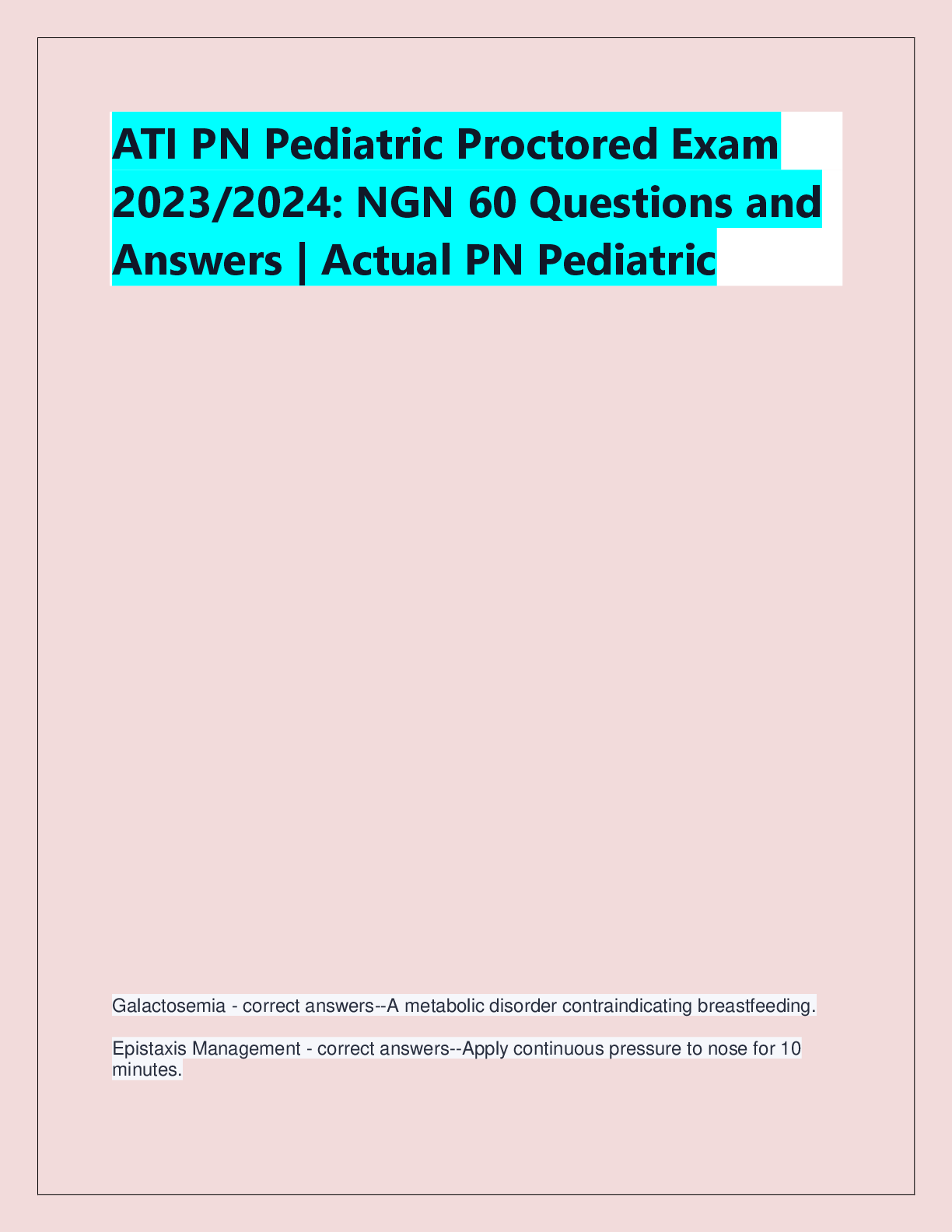 Preview of ATI PN Pediatric Proctored Exam  2023/2024: NGN 60 Questions and  Answers | Actual PN Pedi