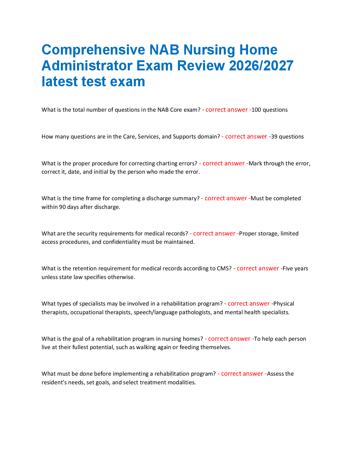 Preview of Comprehensive NAB Nursing Home  Administrator Exam Review 2026/2027  latest test exam