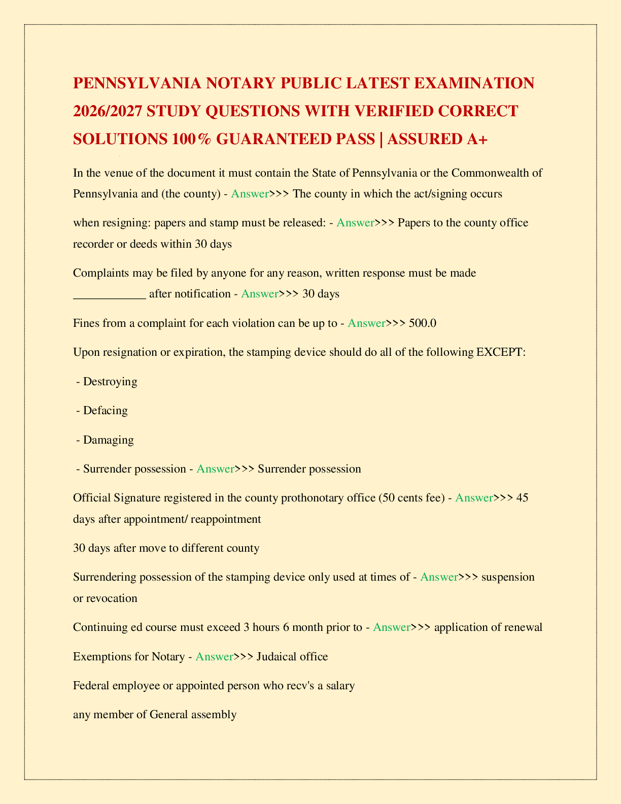 PENNSYLVANIA NOTARY PUBLIC LATEST EXAMINATION 2026/2027 STUDY QUESTIONS WITH VERIFIED CORRECT SOLUTIONS 100% GUARANTEED PASS | ASSURED A+