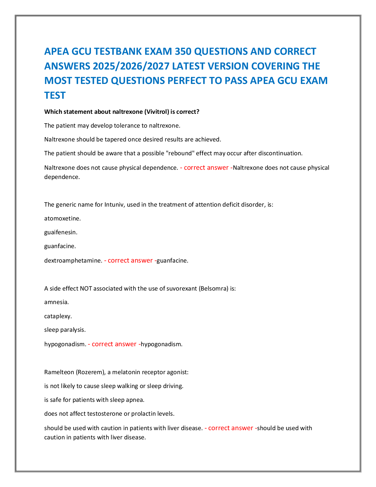 Preview of APEA GCU TESTBANK EXAM 350 QUESTIONS AND CORRECT  ANSWERS 2025/2026/2027 LATEST VERSION CO