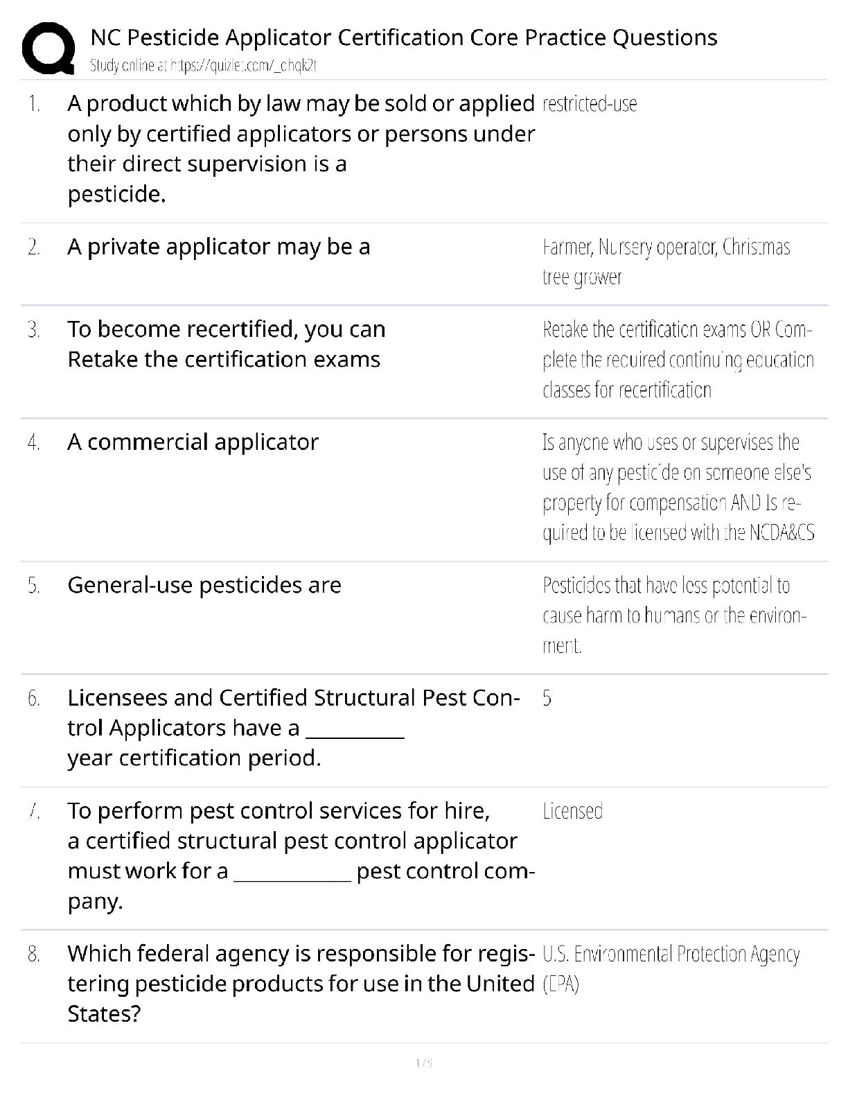 Recommended document preview for NC Pesticide Applicator Core Practice / Score 100% / New Version / 2025 Update