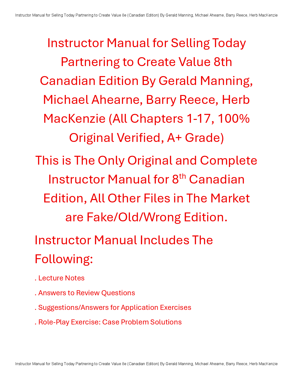 Preview of Instructor Manual Selling Today Partnering to Create Value 8th Canadian Edition By Gerald Manning, Michael Ahearne, Barry Reece, Herb MacKenzie