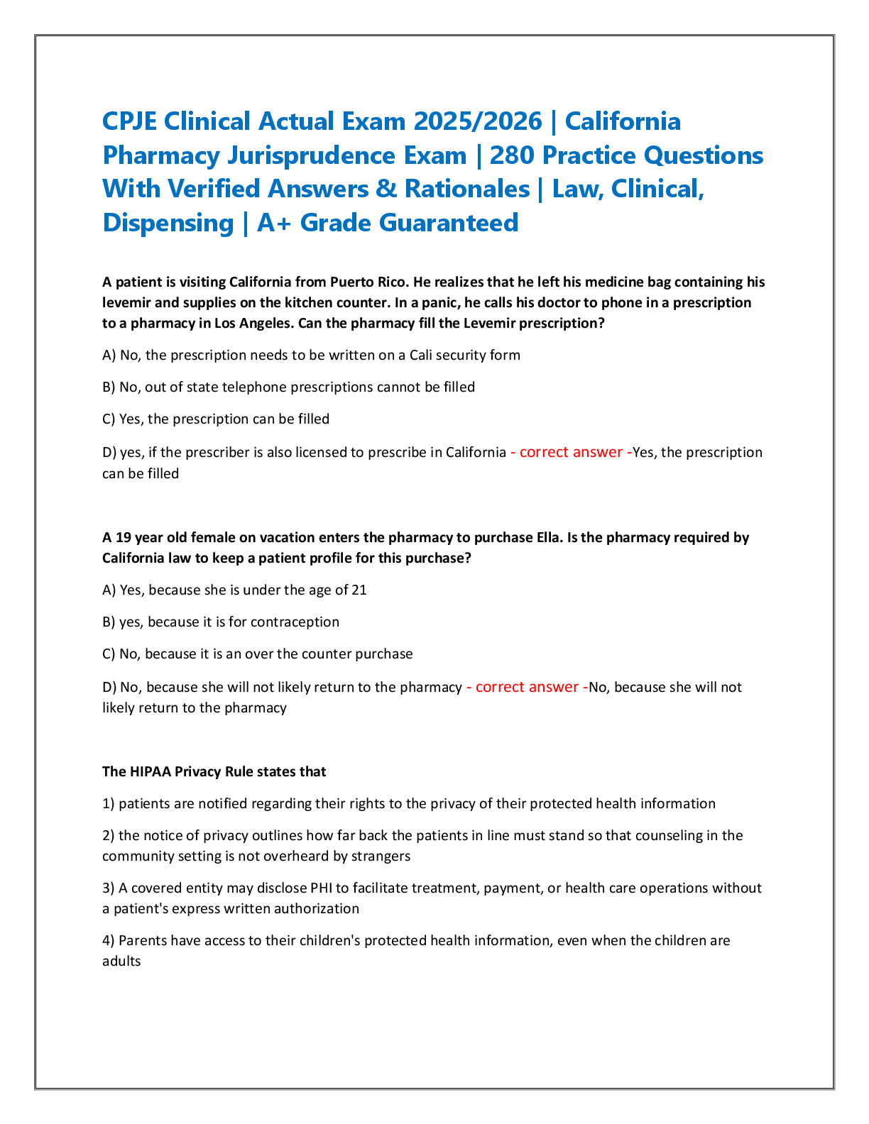 Recommended document preview for CPJE Clinical Actual Exam 2025/2026 | California  Pharmacy Jurisprudence Exam | 280 Practice Questions  With Verified Answers & Rationales | Law, Clinical,  Dispensing | A+ Grade Guaranteed