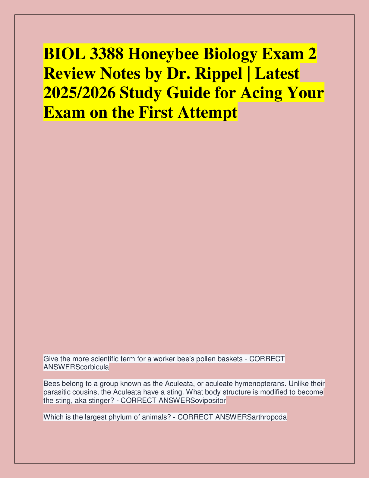 Recommended document preview for BIOL 3388 Honeybee Biology Exam 2  Review Notes by Dr. Rippel | Latest  2025/2026 Study Guide for Acing Your  Exam on the First Attempt