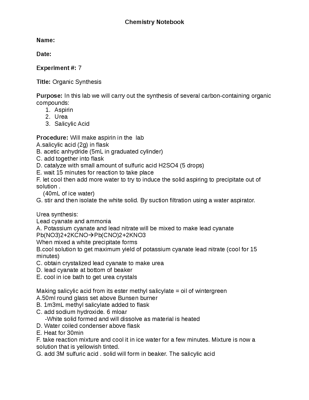 Recommended document preview for CHEM 104 Organic Synthesis Experiment #: 7  Portage Learning