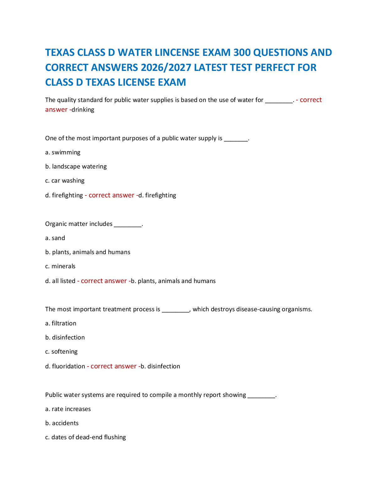 Recommended document preview for TEXAS CLASS D WATER LINCENSE EXAM 300 QUESTIONS AND  CORRECT ANSWERS 2026/2027 LATEST TEST PERFECT FOR  CLASS D TEXAS LICENSE EXAM