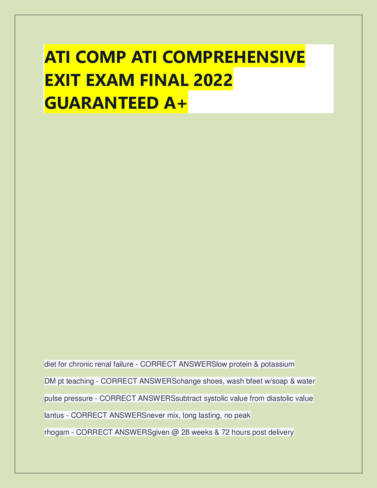 Recommended document preview for ATI COMPREHENSIVE EXIT EXAM  2023 WITH NGN,RETAKE  2023,RETAKE 2019 ,PREDICTORUPDATED