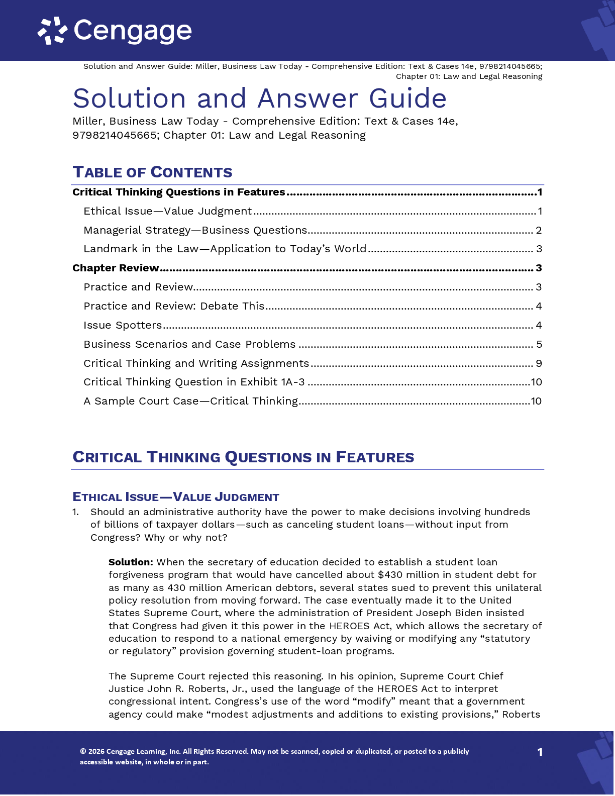 Solutions Manual For Business Law Today Comprehensive Text and Cases 14th Edition By Roger LeRoy Miller