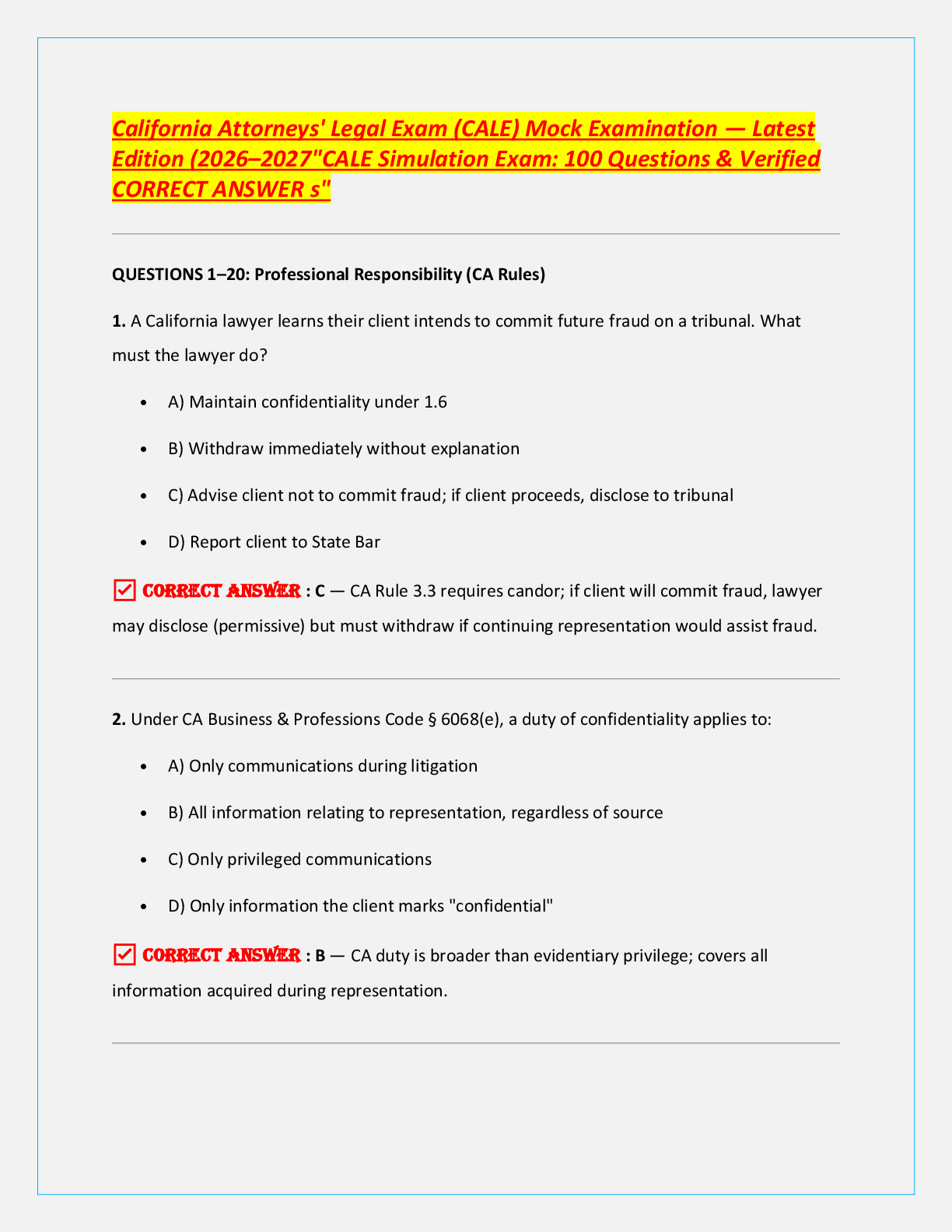 Preview of California Attorneys' Legal Exam (CALE) Mock Examination — Latest  Edition (2026–2027"CALE Simulation Exam: 100 Questions & Verified   CORRECT ANSWER s"