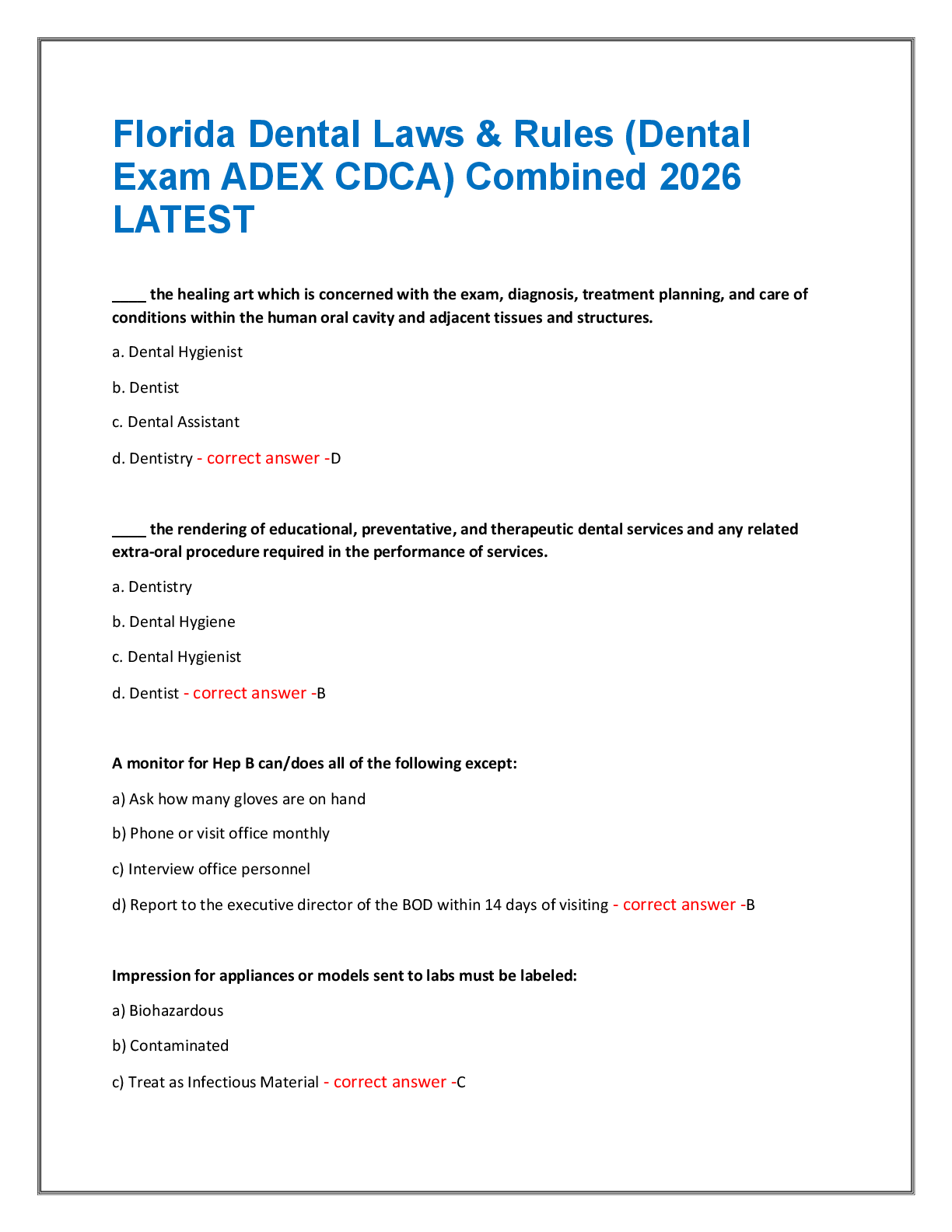 Florida Dental Laws & Rules (Dental  Exam ADEX CDCA) Combined 2026  LATEST