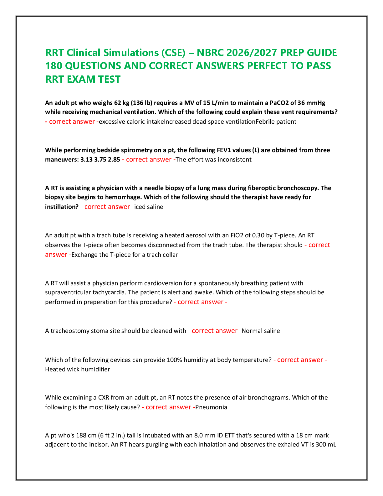Recommended document preview for RRT Clinical Simulations (CSE) – NBRC 2026/2027 PREP GUIDE  180 QUESTIONS AND CORRECT ANSWERS PERFECT TO PASS  RRT EXAM TEST