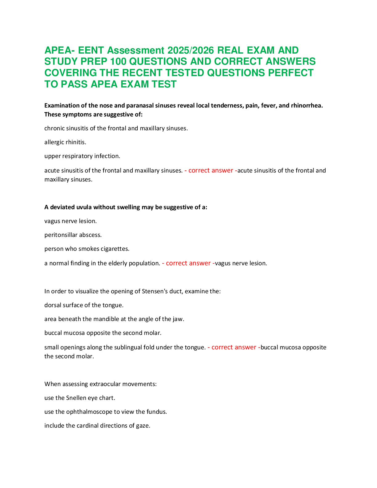 Preview of APEA- EENT Assessment 2025/2026 REAL EXAM AND  STUDY PREP 100 QUESTIONS AND CORRECT ANSWERS  COVERING THE RECENT TESTED QUESTIONS PERFECT  TO PASS APEA EXAM TEST