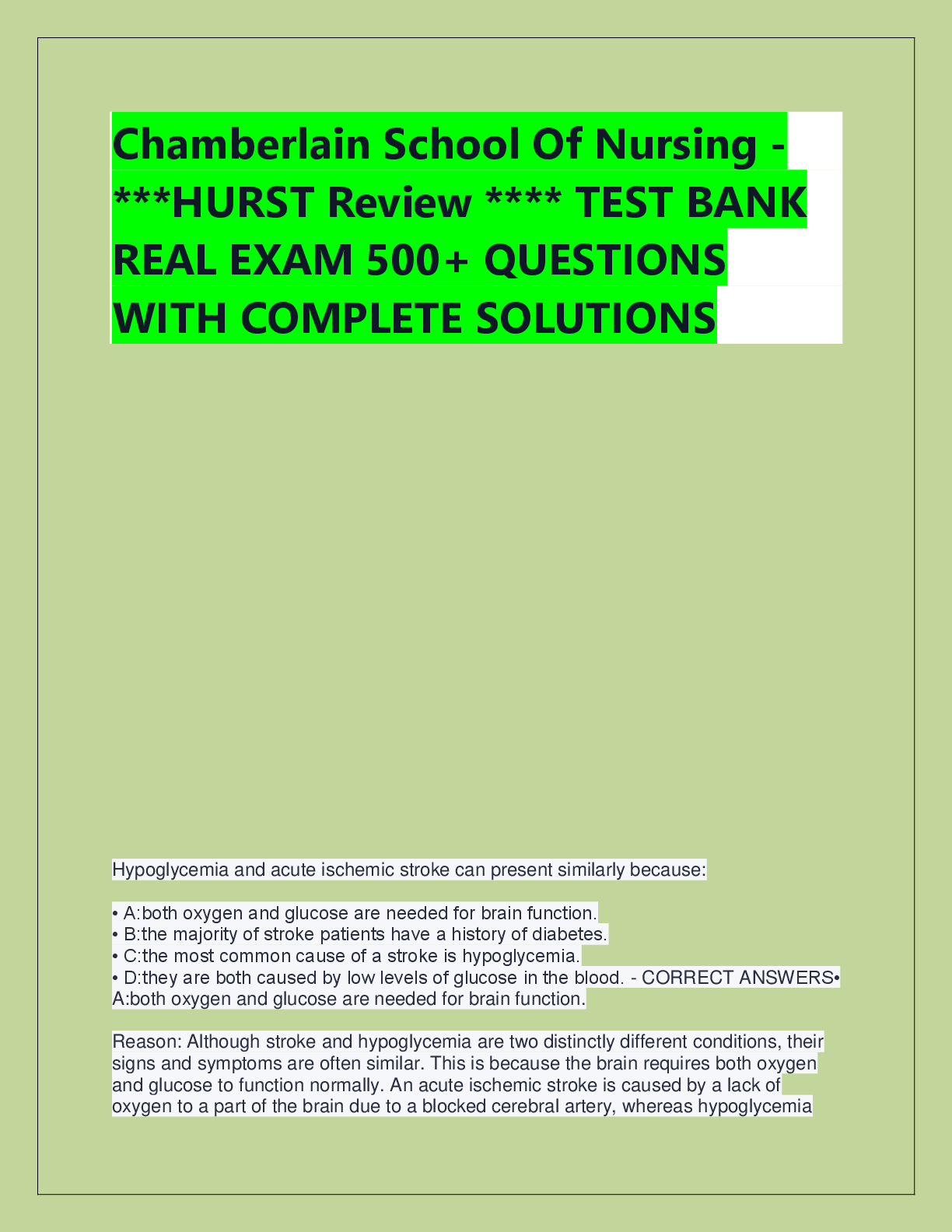 Preview of Chamberlain School Of Nursing - ***HURST Review **** TEST BANK  REAL EXAM 500+ QUESTIONS
