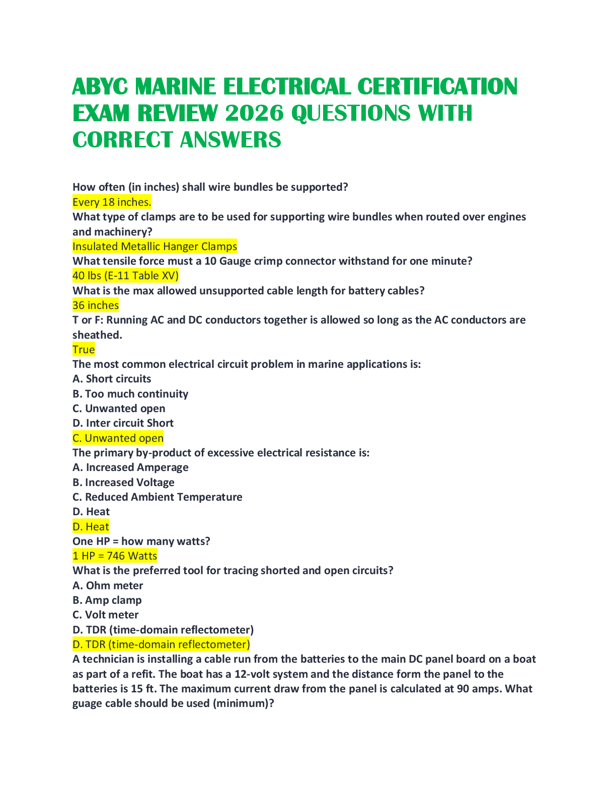 Recommended document preview for ABYC MARINE ELECTRICAL CERTIFICATION EXAM REVIEW 2026 QUESTIONS WITH CORRECT ANSWERS