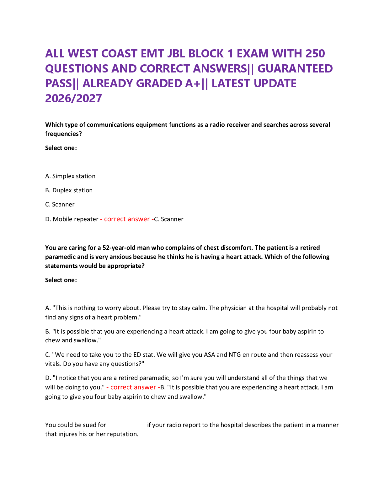 Recommended document preview for ALL WEST COAST EMT JBL BLOCK 1 EXAM WITH 250  QUESTIONS AND CORRECT ANSWERS|| GUARANTEED  PASS|| ALREADY GRADED A+|| LATEST UPDATE  2026/2027