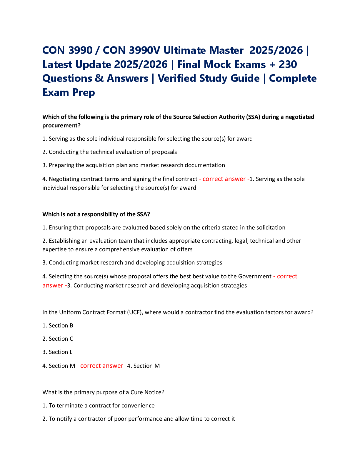 CON 3990 / CON 3990V Ultimate Master  2025/2026 |  Latest Update 2025/2026 | Final Mock Exams + 230  Questions & Answers | Verified Study Guide | Complete  Exam Prep