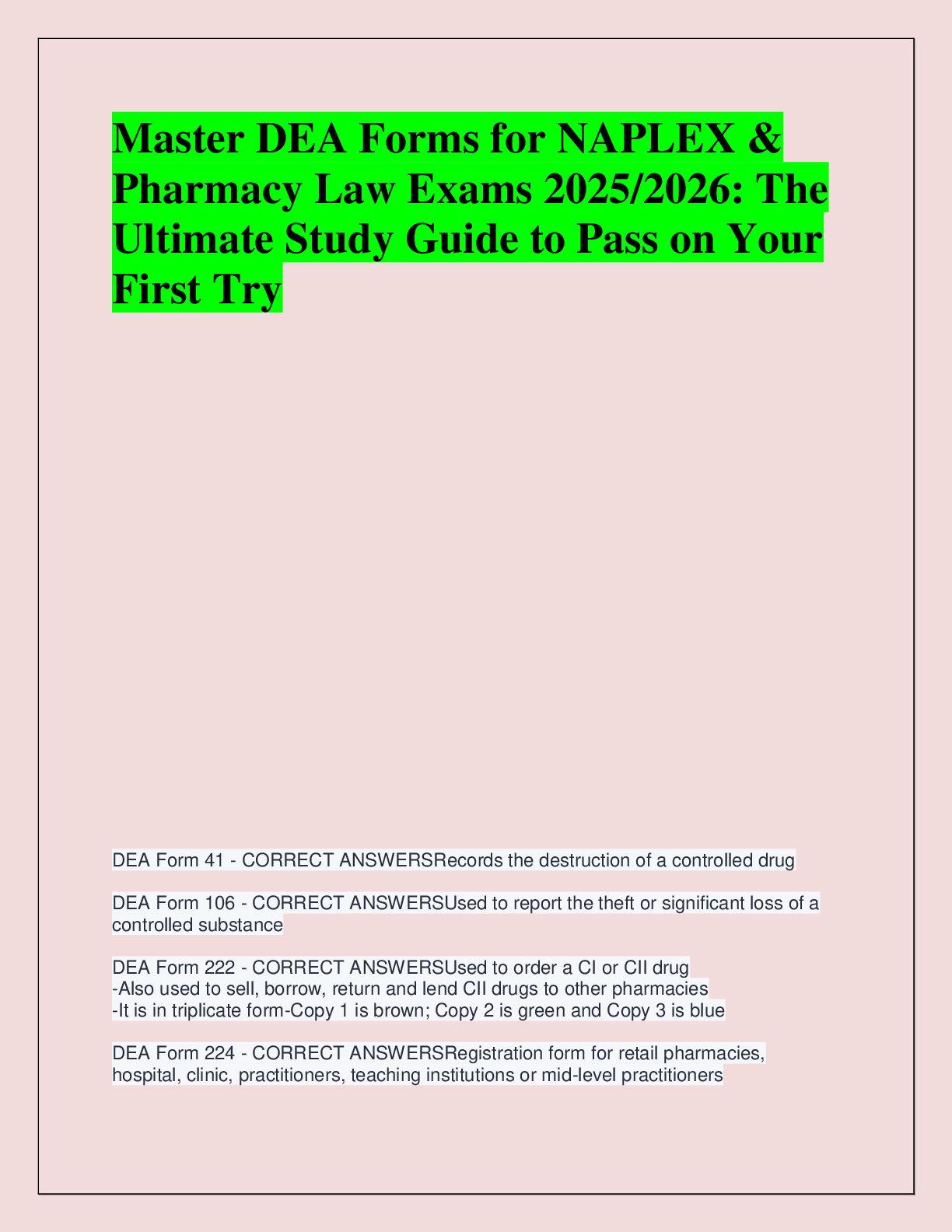 Preview of Master DEA Forms for NAPLEX &  Pharmacy Law Exams 2025/2026: The  Ultimate Study Guide to