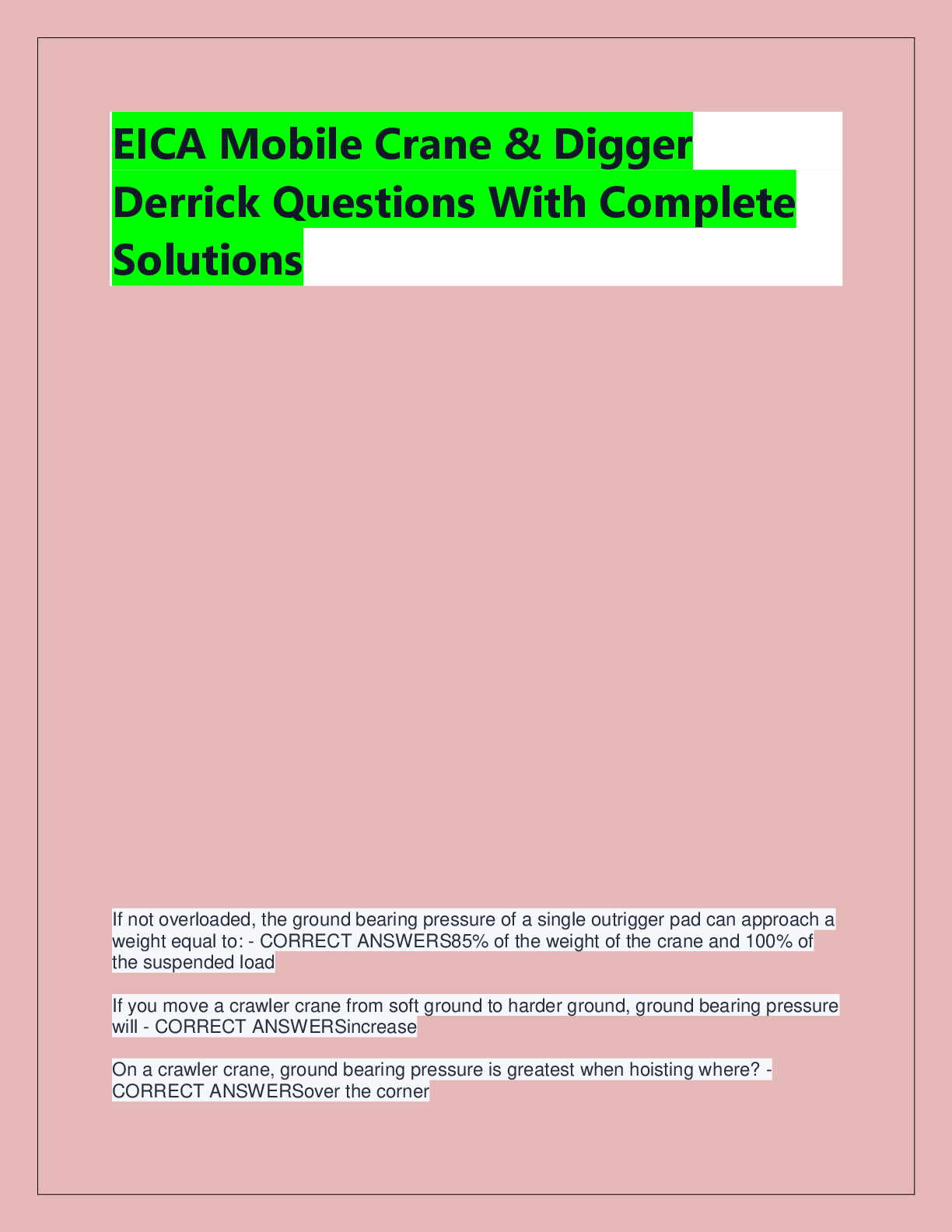 Recommended document preview for EICA Mobile Crane & Digger  Derrick Questions With Complete  Solutions