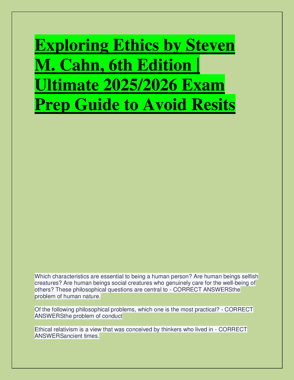 Preview of Exploring Ethics by Steven  M. Cahn, 6th Edition |  Ultimate 2025/2026 Exam  Prep Guide to