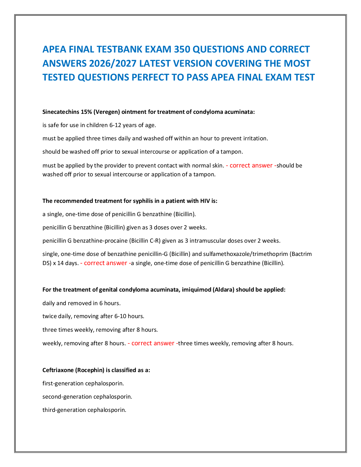 Recommended document preview for APEA FINAL TESTBANK EXAM 350 QUESTIONS AND CORRECT  ANSWERS 2026/2027 LATEST VERSION COVERING THE MOST  TESTED QUESTIONS PERFECT TO PASS APEA FINAL EXAM TEST