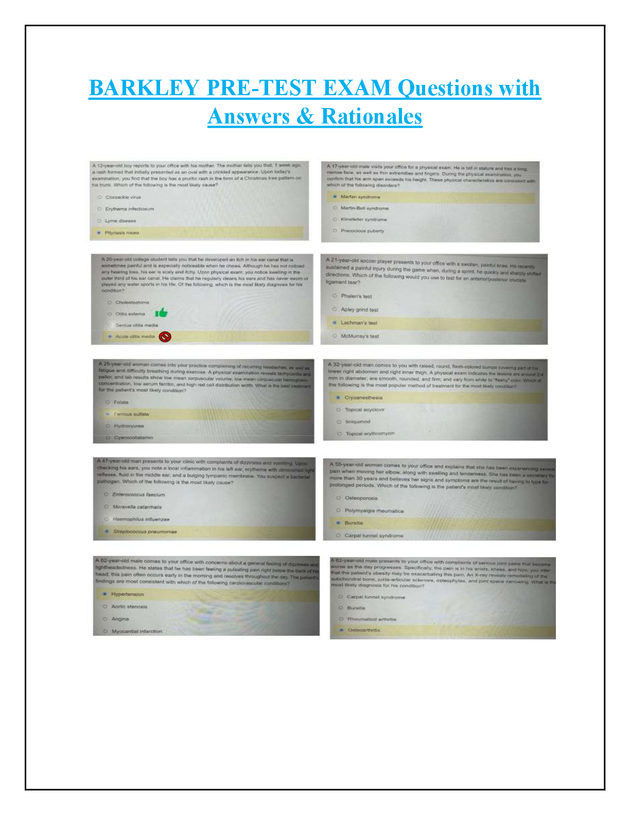 Recommended document preview for BARKLEY PRE-TEST EXAM Questions with Answers & Rationales