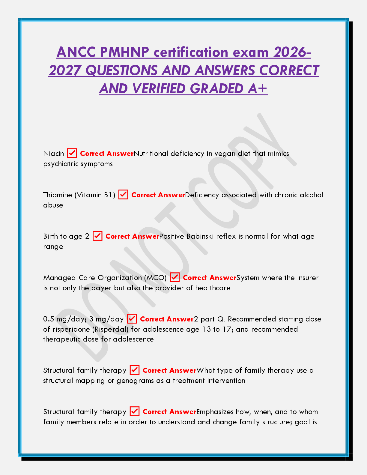 Preview of ANCC PMHNP certification exam 2026 2027 QUESTIONS AND ANSWERS CORRECT  AND VERIFIED GRADED A+