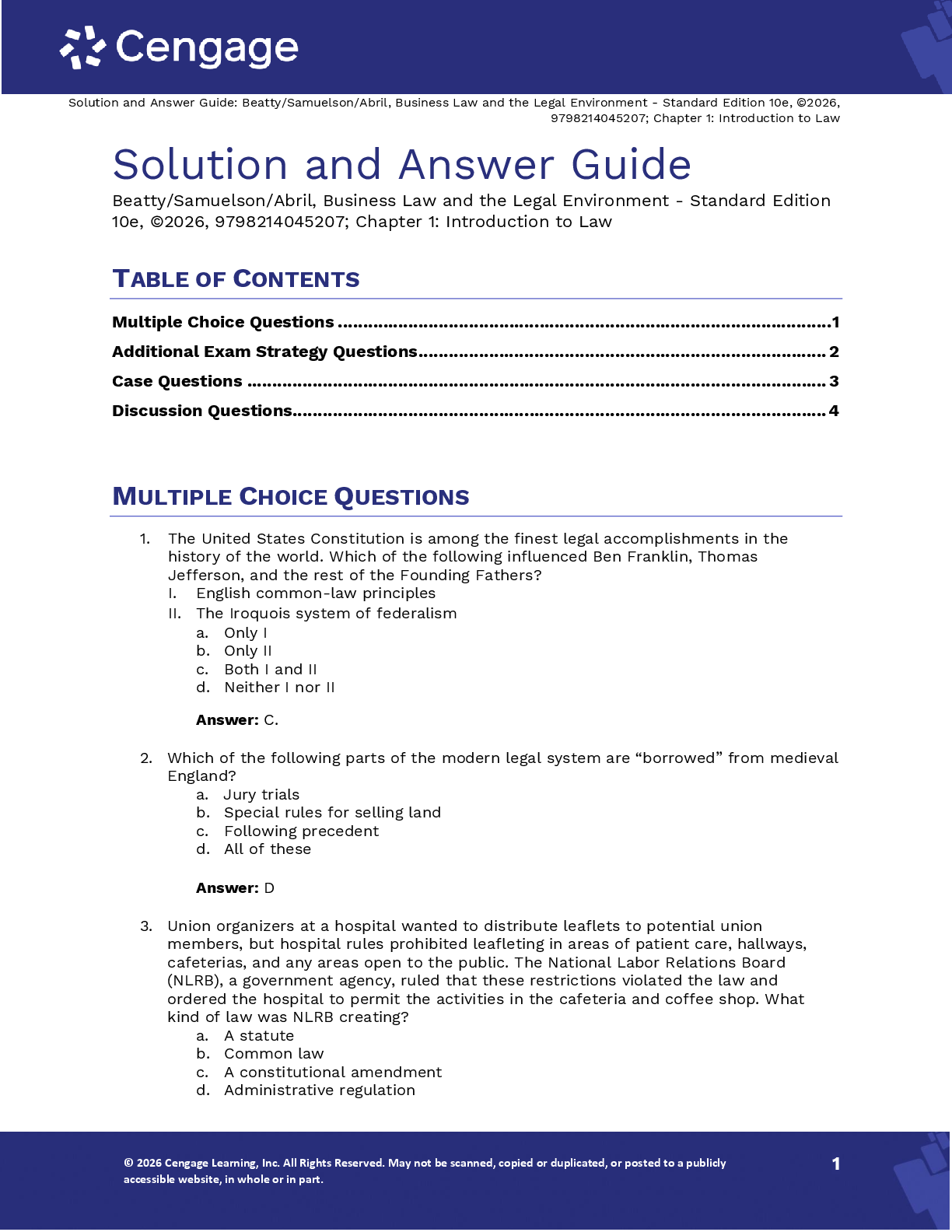 Recommended document preview for Solutions Manual For Business Law and the Legal Environment Standard Edition 10th Edition By Jeffrey Beatty, Susan Samuelson, Patricia Abril