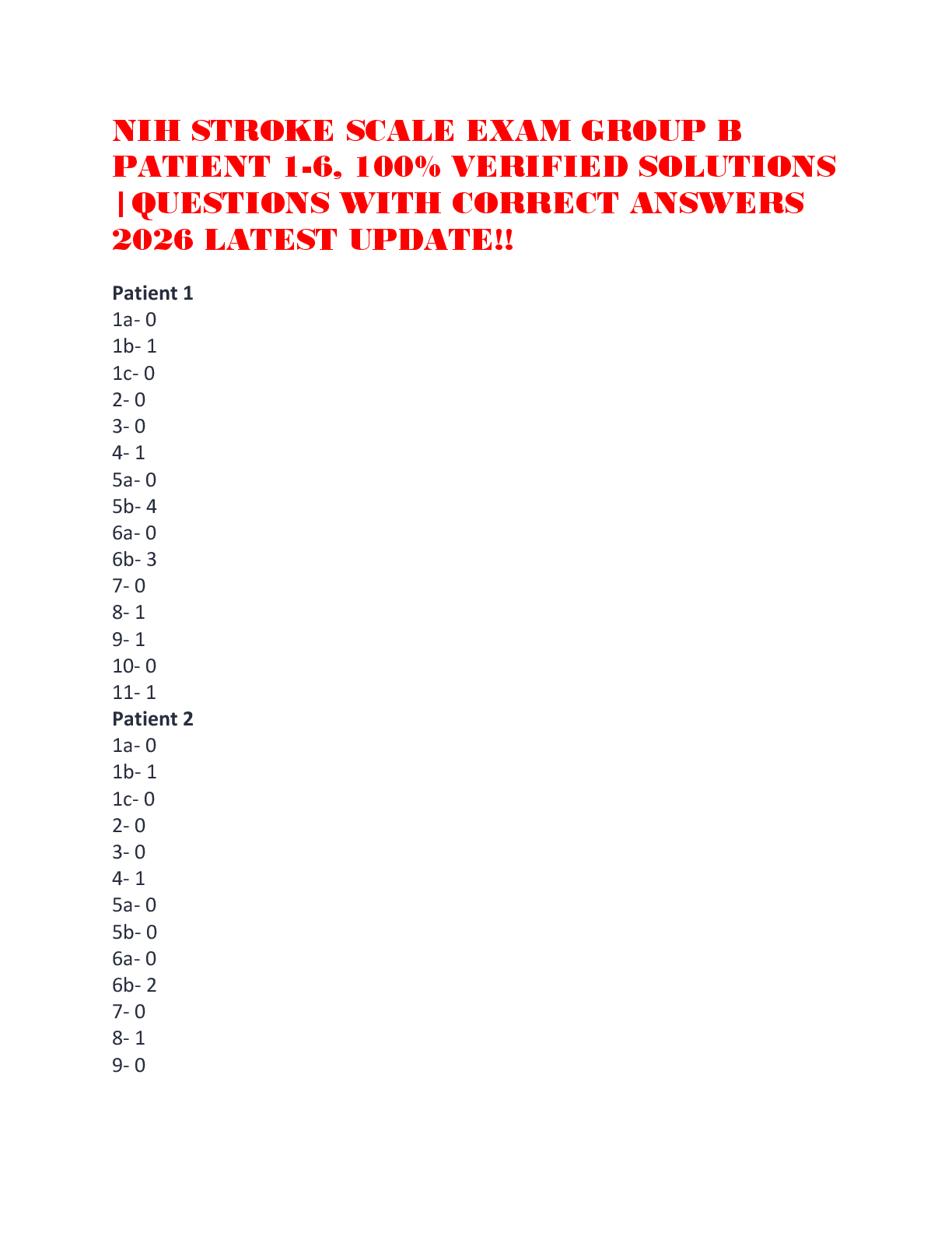 Preview of NIH STROKE SCALE EXAM GROUP B PATIENT 1-6, 100% VERIFIED SOLUTIONS |QUESTIONS WITH CORRECT ANSWERS 2026 LATEST UPDATE!!